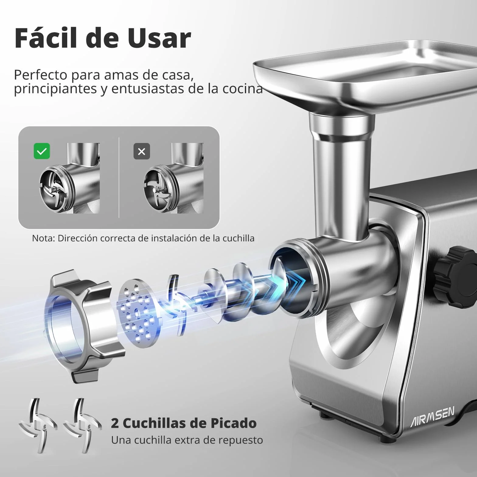 AIRMSEN Picadora de Carne Eléctrica, 2 Cuchillas de Acero Inoxidable, 3 Placas de Molienda y Accesorio para Embutir Salchichas Kubbe, Motor Silencioso, Fácil Limpieza, Ideal para Uso Doméstico (M)