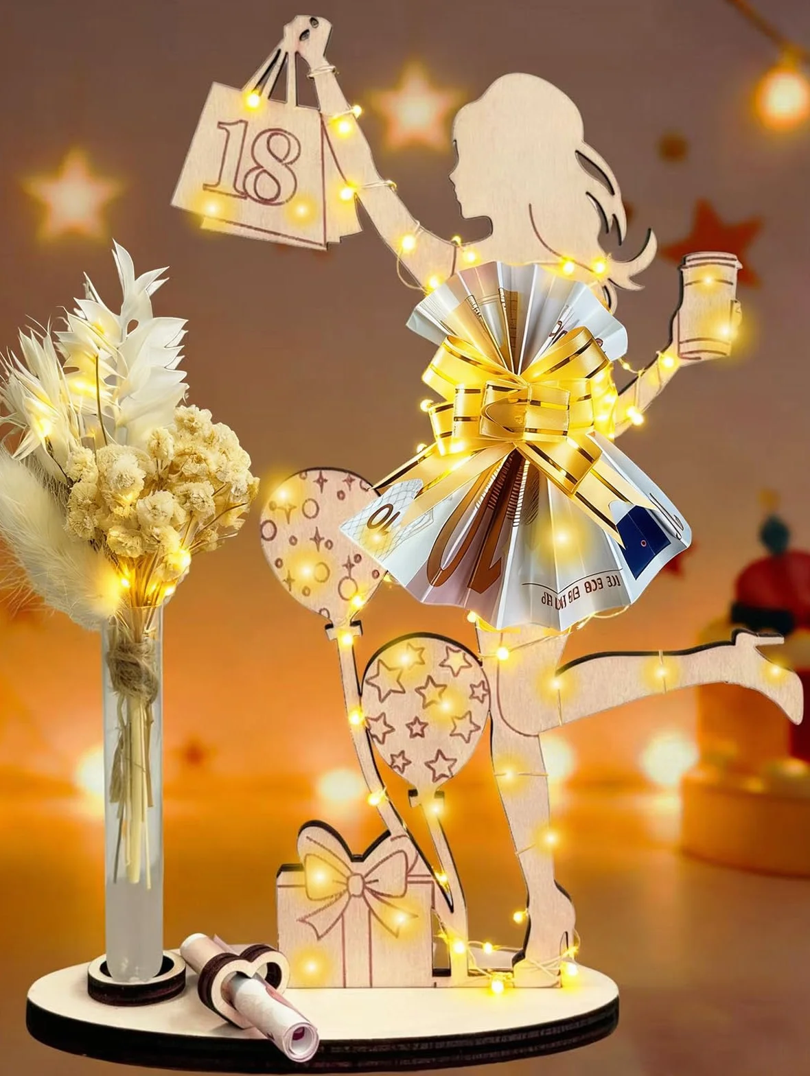 Owlfun Regalo de Dinero para 18 Cumpleaños para Niñas, Decoración LED, Cartel de Madera, Libro de Visitas Personalizado, Regalos para 18 Cumpleaños (Color: 18)