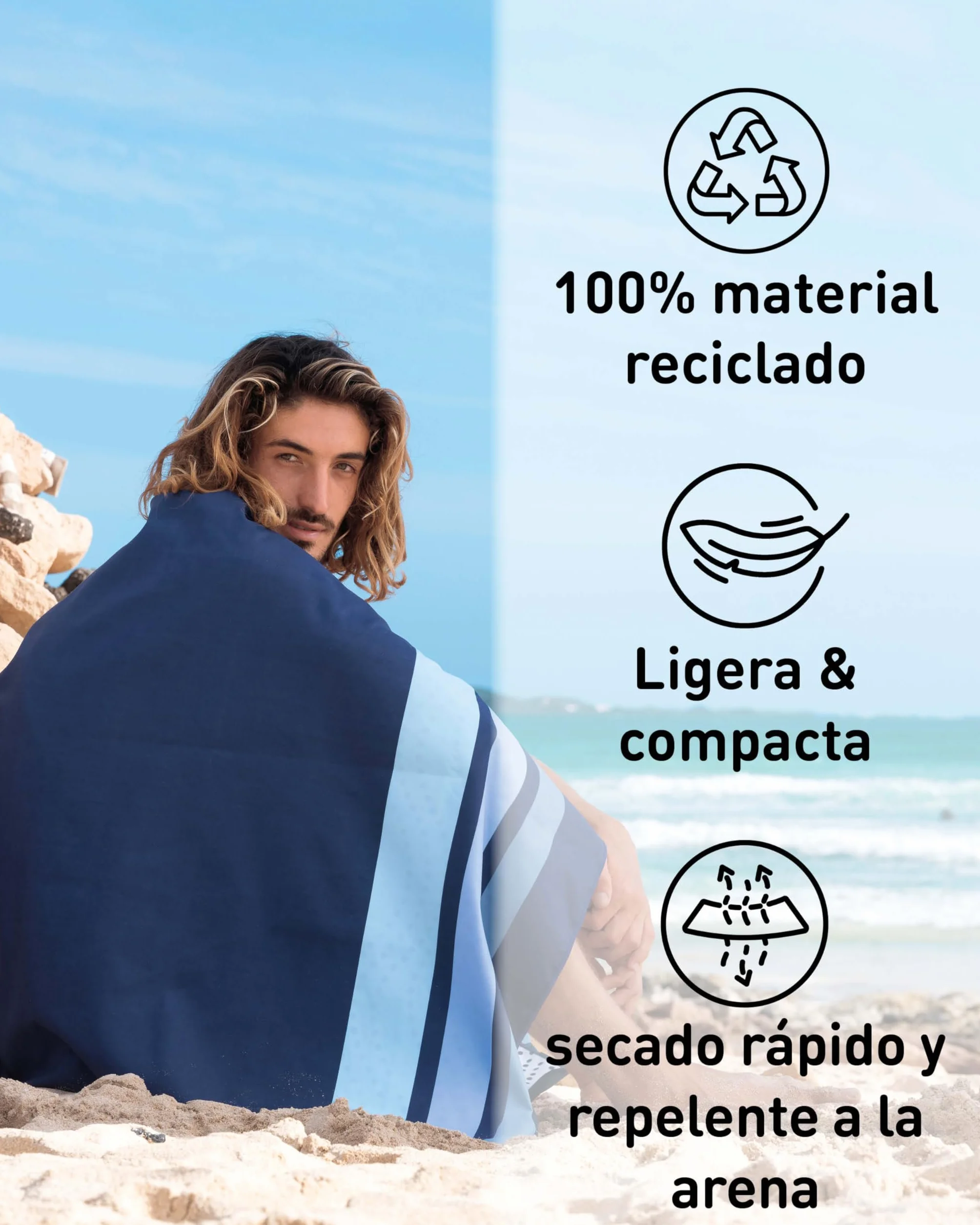 Fit-Flip Toalla de Playa Microfibra Grande 200 cm x 90 cm - Secado rápido, Reciclada