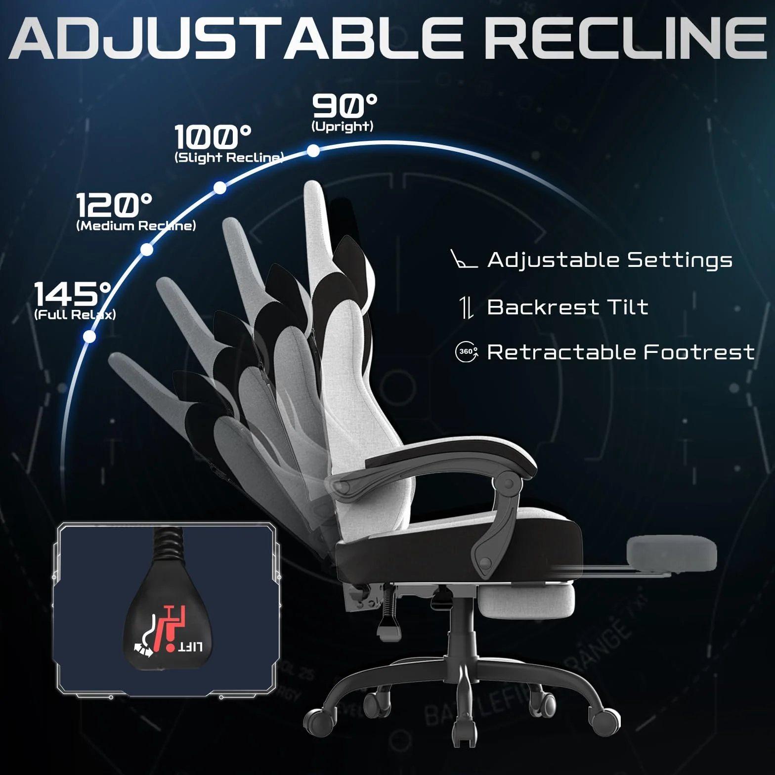 Verdego Silla Gaming, Silla Gamer Ergonómica con Masajeador Cojín Lumbar, Reposapiés Retractable y Reposacabezas, Tela de Poliéster, Reclinable 90-135°, Altura Regulable, Sillas Gaming, Blanco