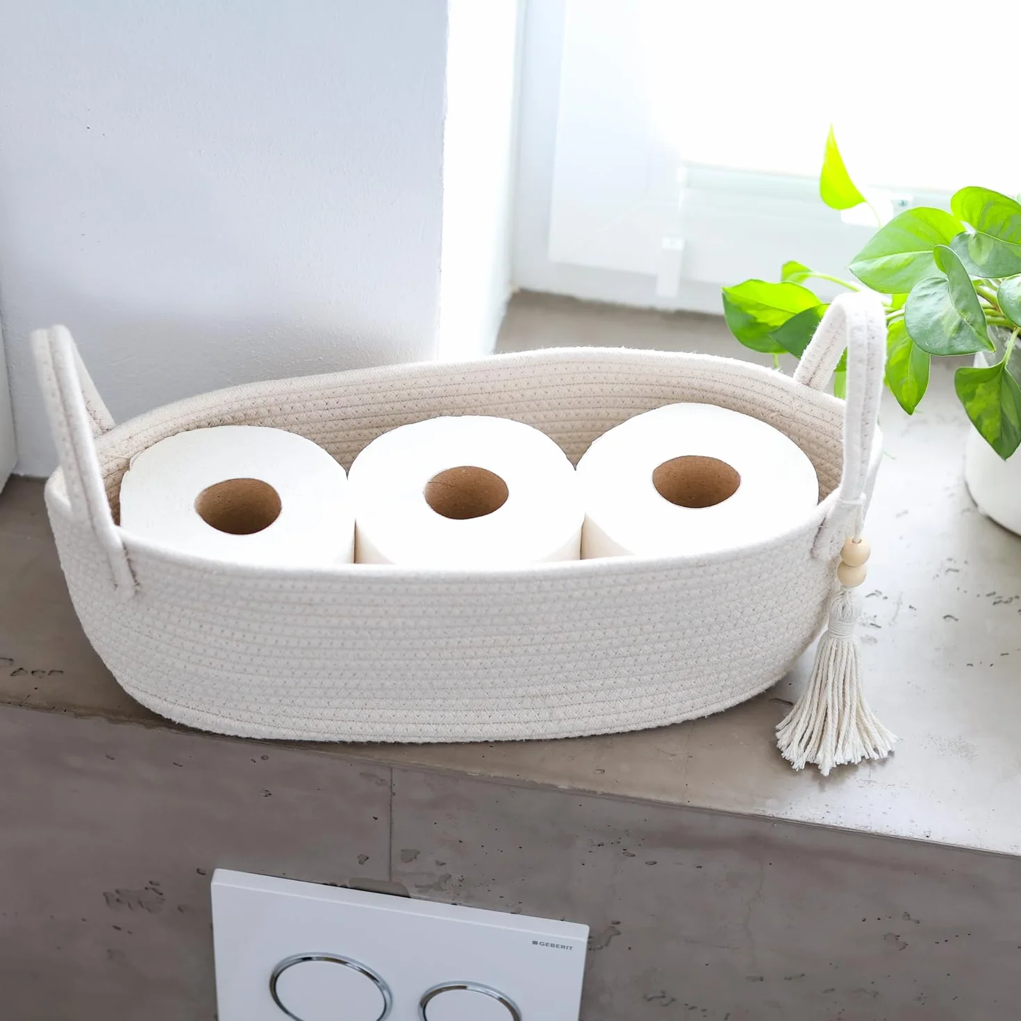 HMF Cesta de almacenamiento para baño, cesta para papel higiénico de algodón, 38,5 x 15,5 x 14 cm, color crema