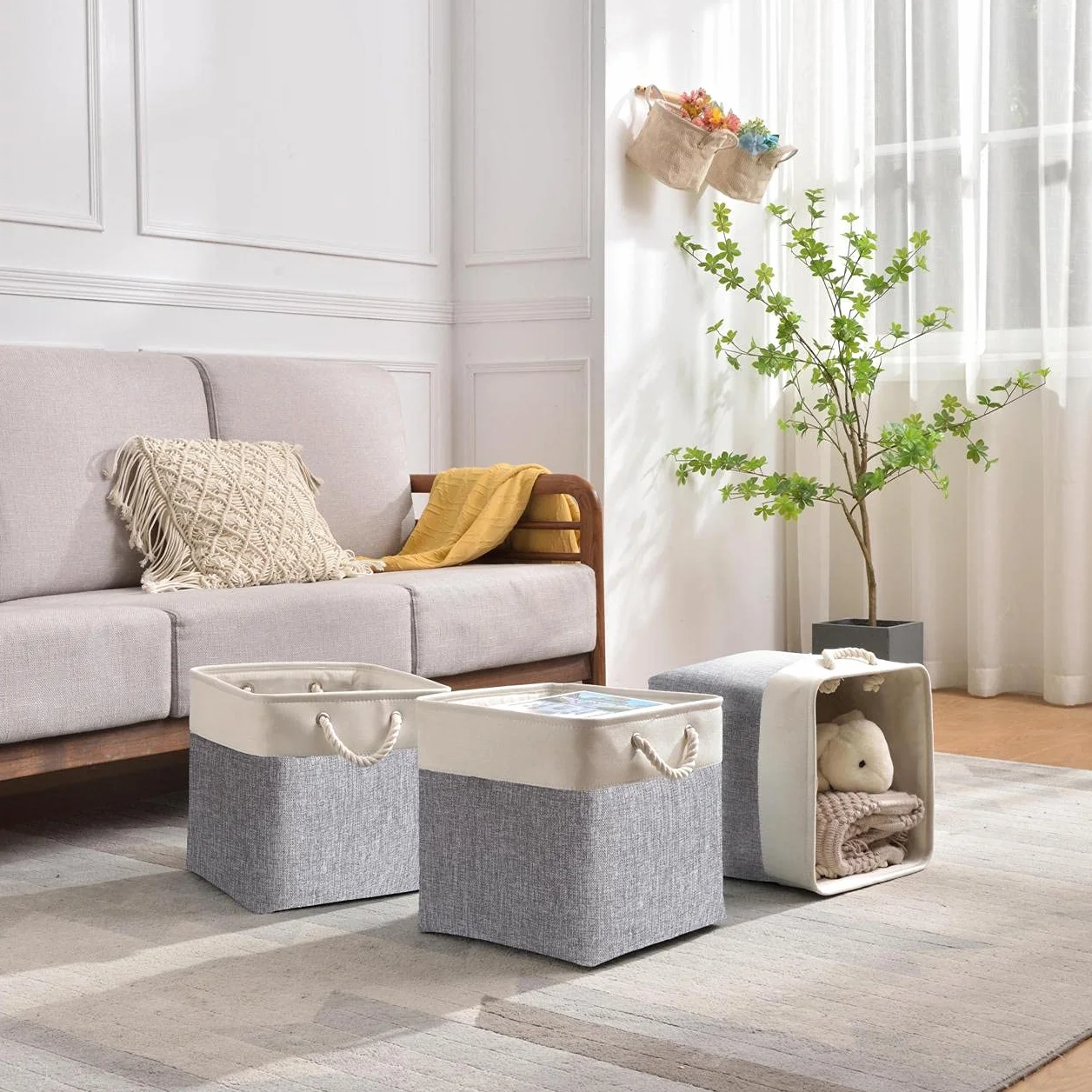 Mangata Cestas Almacenaje Plegables de Lona Engrosada 33x38x33 cm con Asas de Cuerda Gris/Blanco 1 Pack