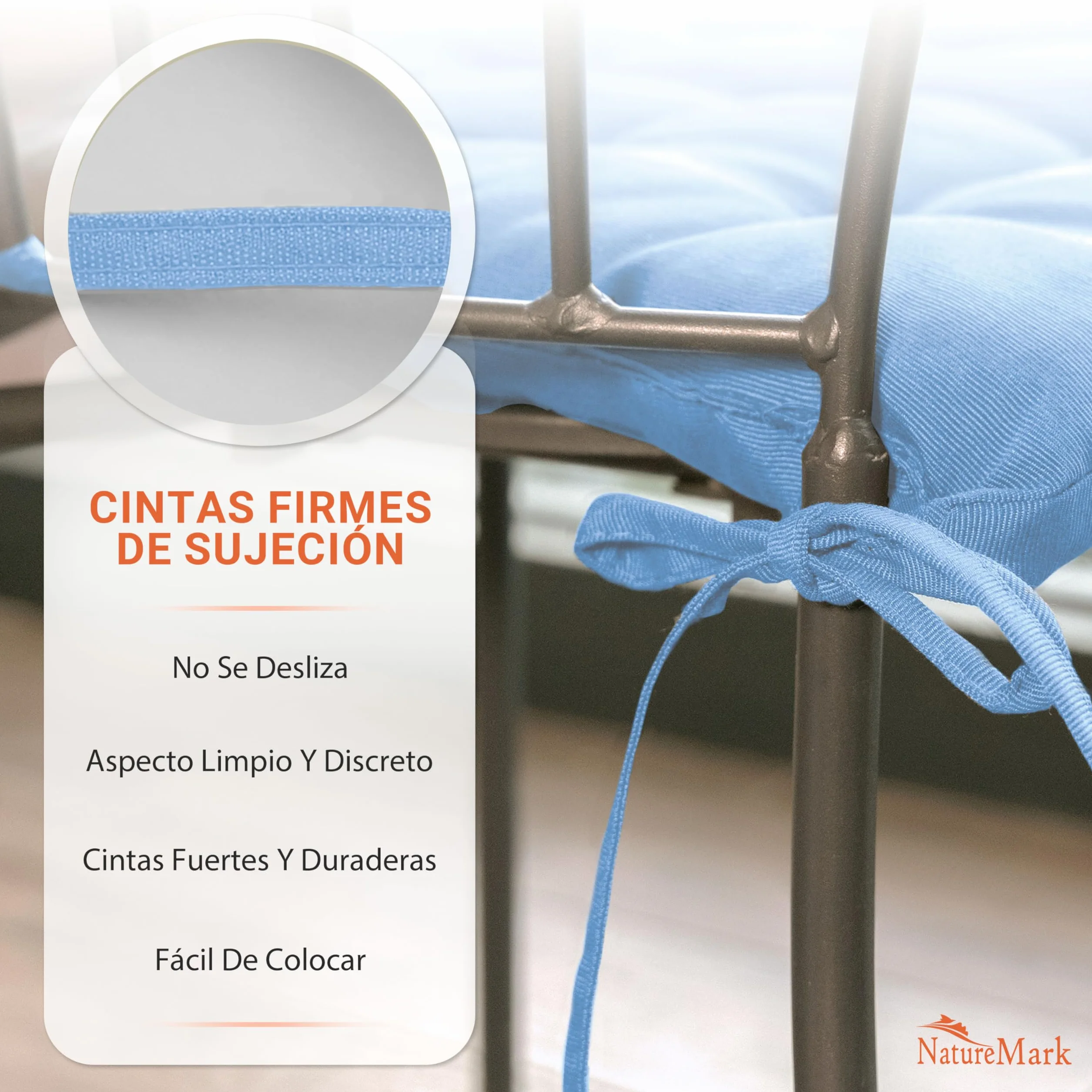 NatureMark Set de 4 Cojines para Sillas con Lazos 40x40 cm – Cojín de Asiento Relleno para Cocina, Jardín y Terraza – Color Azul Claro