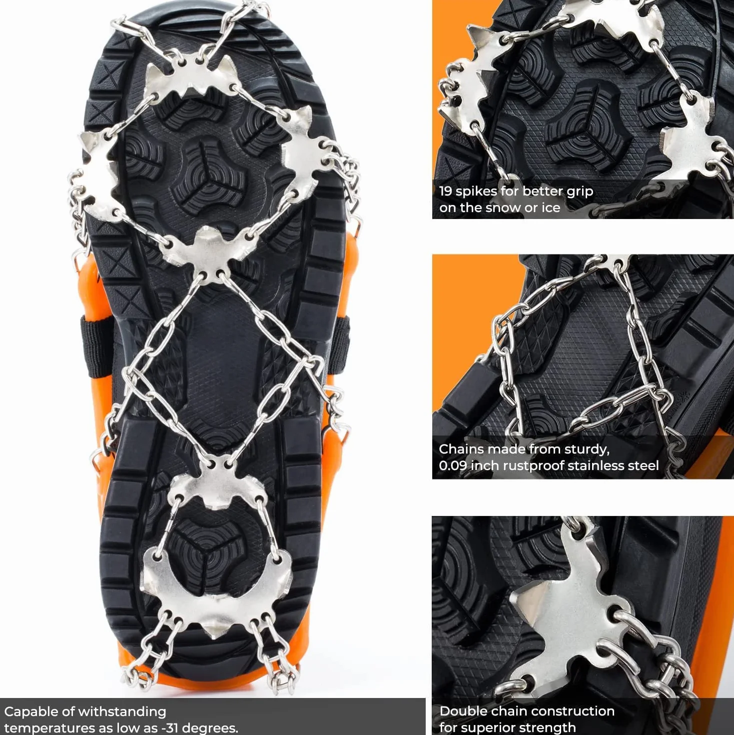 Sportneer Crampones 19 Dientes Tacos de Tracción Nieve y Hielo para Montañismo Escalada Caminar Alpinismo, Naranja, L