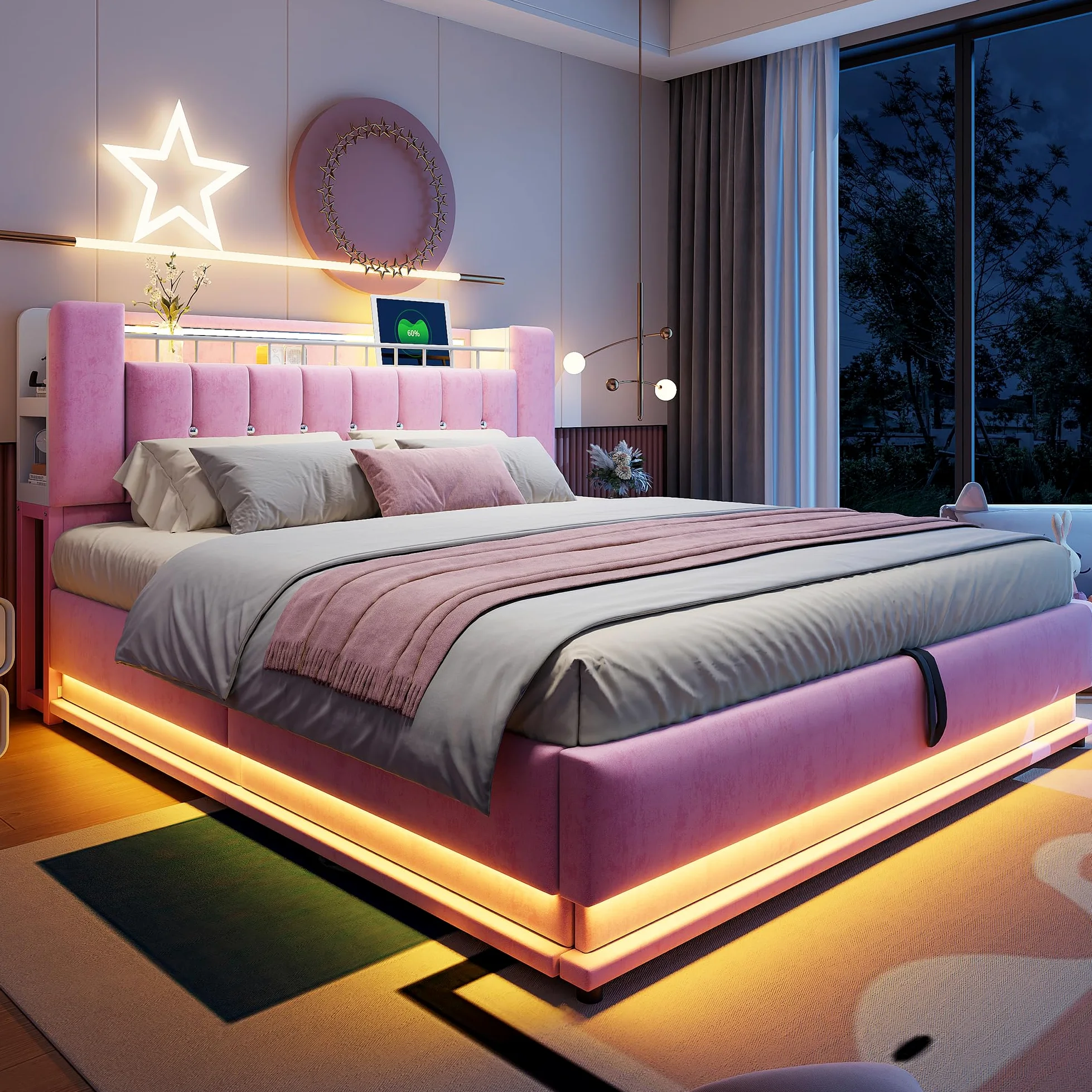 Kebnor Cama tapizada inteligente con iluminación LED, USB y almacenamiento hidráulico, funda de terciopelo suave y marco de metal (rosa, 180 x 200 cm)