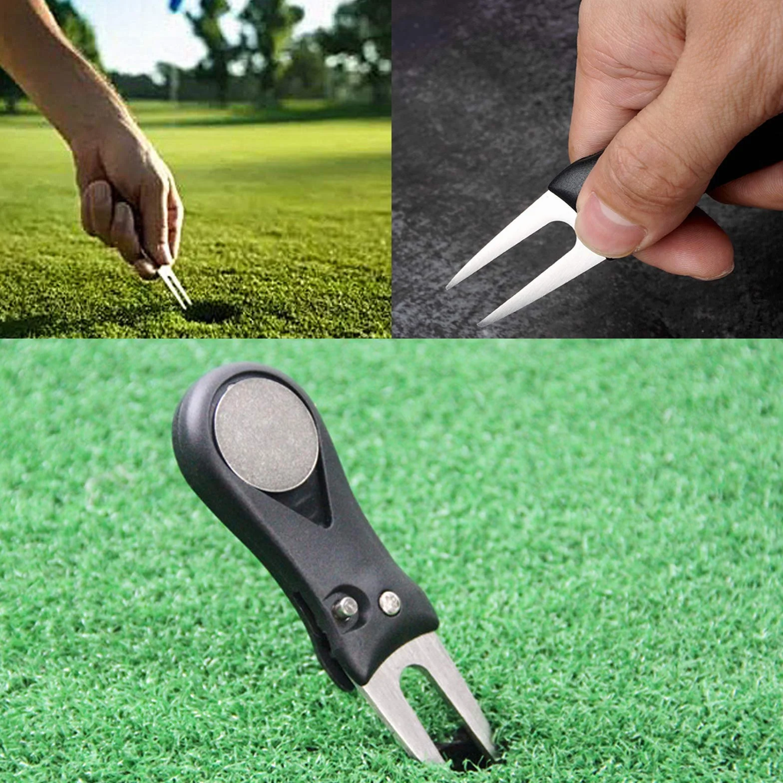 Wohlstand 2 Piezas,Arreglapiques Golf, Herramienta de Reparación de Divot de Golf, Horquilla de Campo de Golf de Acero Inoxidable con Magnético y Plegable, para Golfista, Reparación, Negro, Azul