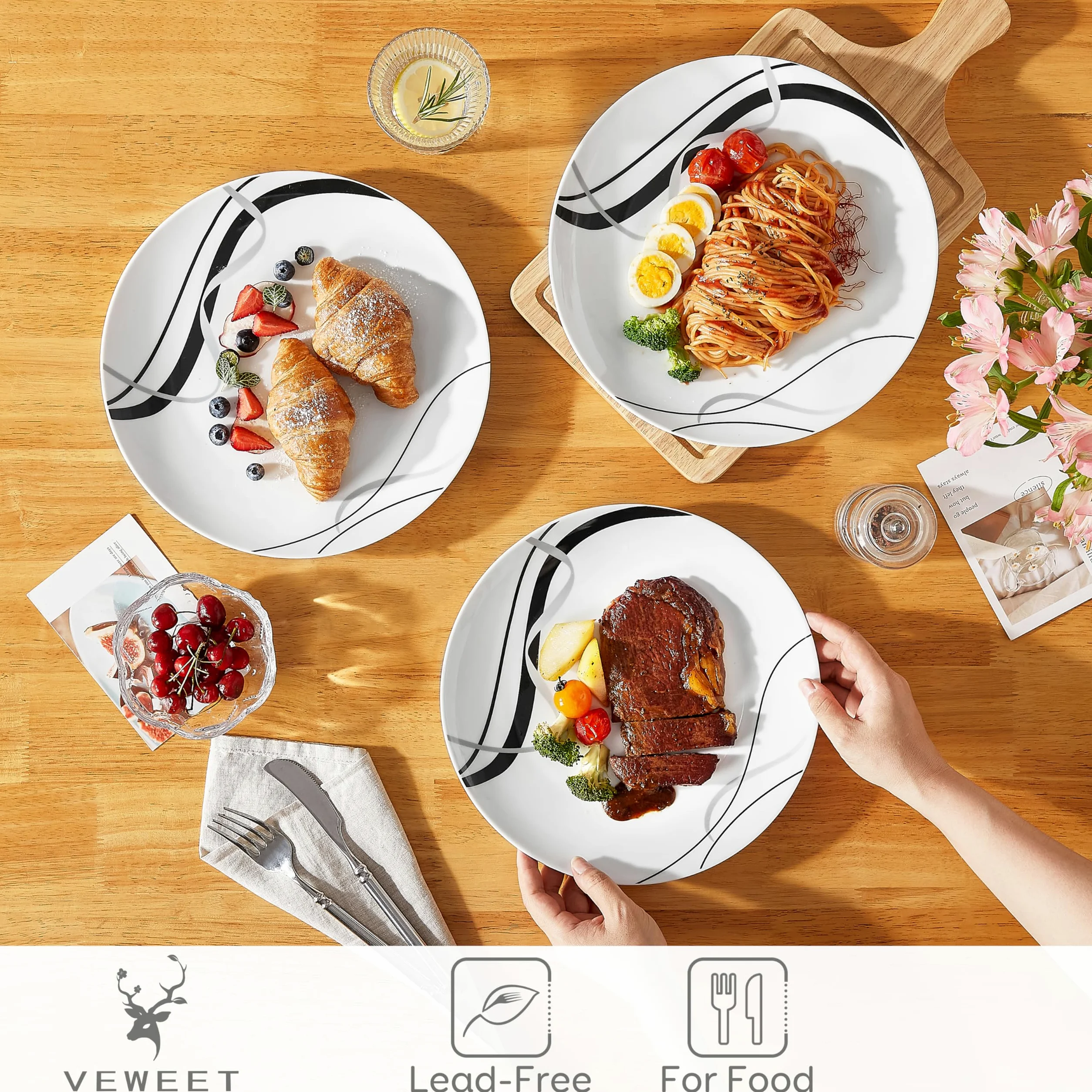 VEWEET Juego de 6 Platos Llanos, Platos de Porcelana 27,4 x 3 cm, Platos Redondos para 6 Personas Platos Modernos de Pasta con Líneas Negras y Plateadas, Aptos para Microondas y Lavavajillas, FIONA