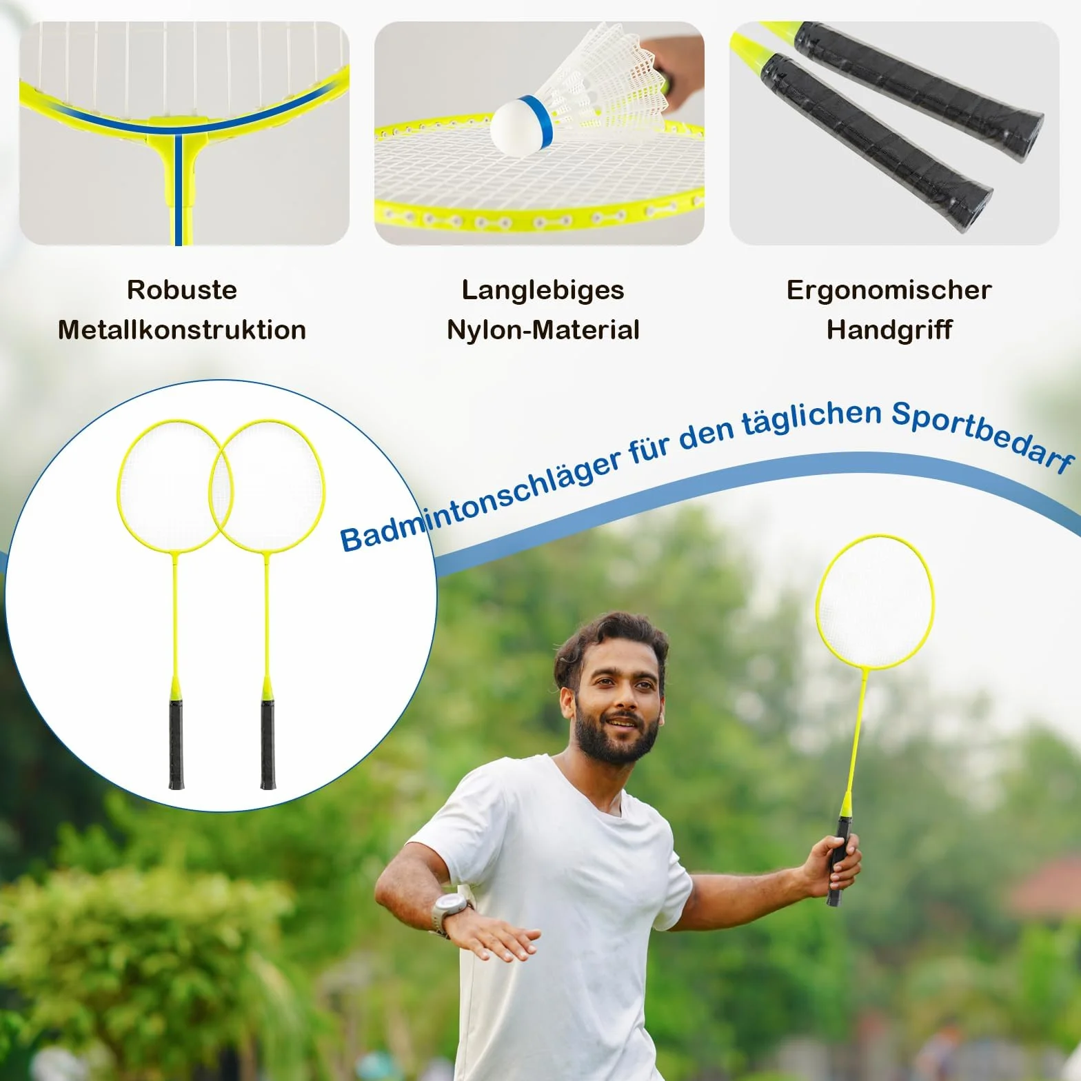 GYMAX Juego de Bádminton Portátil con 2 Raquetas, Red Premium, 2 Volantes y Estuche de Almacenamiento, para Interiores y Exteriores (Amarillo)