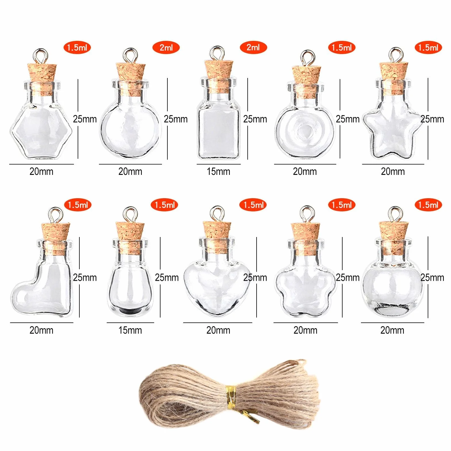 10 pcs Mini Botellas de Cristal con corcho,mini botellas de deseos,Botes Cristal Pequeños con tapas de corcho y cuerda,botellas pequeñas para decorar el árbol de navidad decoración DIY