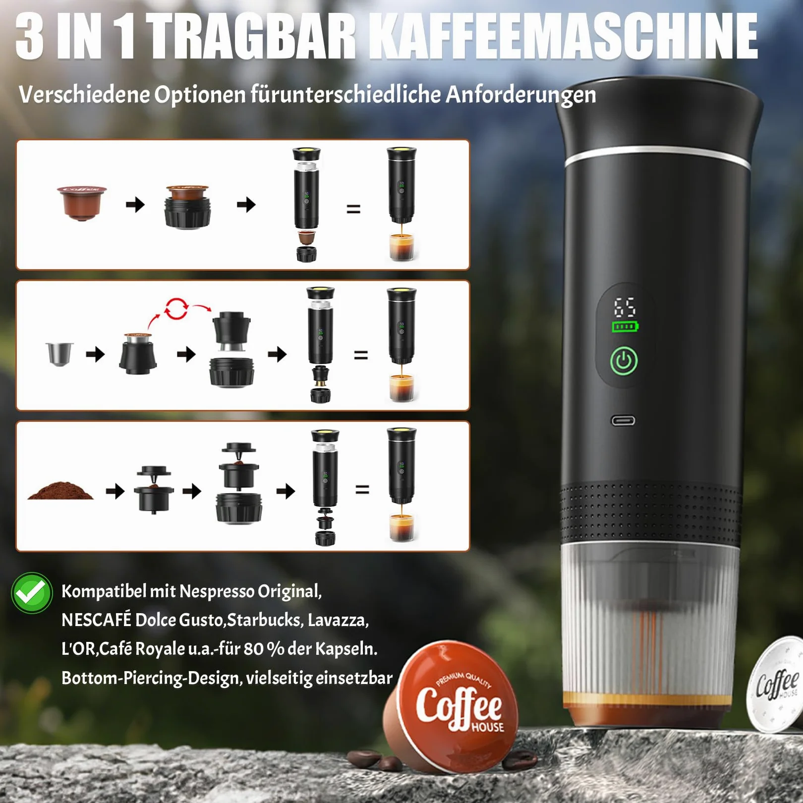 Cafetera espresso portátil 3 en 1, mini cafetera de viaje | Con Type-C, cafetera de viaje compatible con cápsulas y café molido, cafetera To Go para coche, oficina, camping