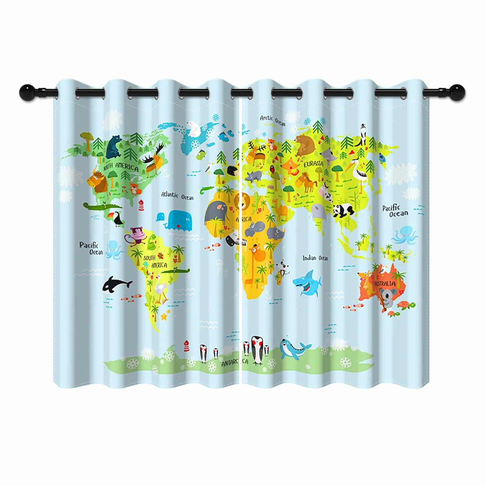 YONGFOTO 117x183cm Dibujos Animados Mapa Cortinas Opacas Global Ocean Cute Animal World Monumentos Baby Blue Maps por Sala Dormitorio Infantil Cortinas de Ventana, 2 Paneles con Ojal