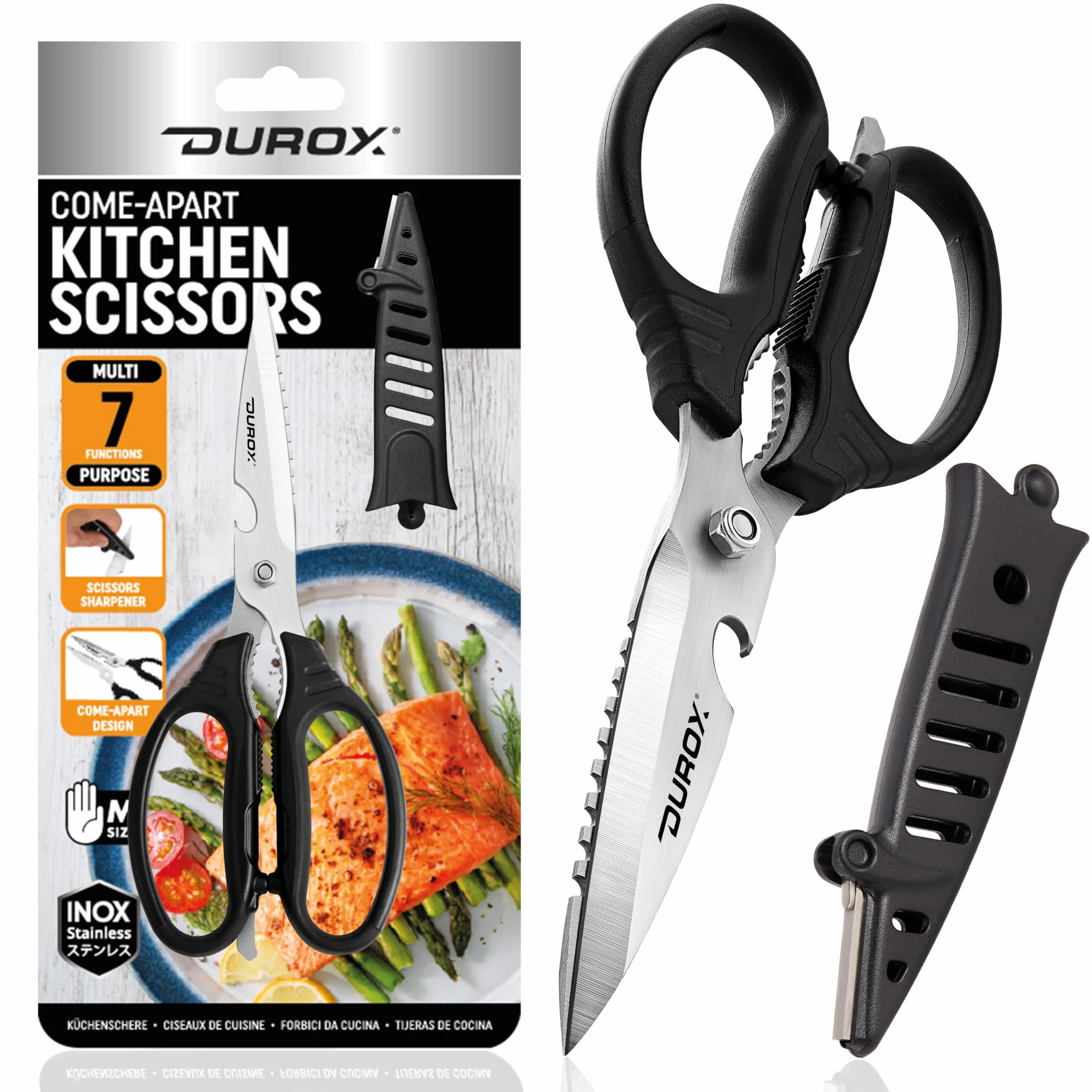 DUROX Tijeras de Cocina Profesionales - Acero INOX con Funciones Multipropósito y Afilador Incorporado. Tijera para Cortar Pizza, Carne y Marisco. Diseño Desmontable para una Limpieza Sencilla.