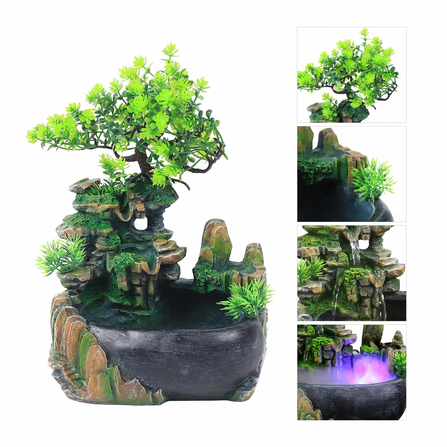 Fuente de interior con iluminación LED, fuente de planta verde, fuente de jardín, fuente decorativa, fuente de mesa, cascada con niebla, 28 x 15 x 20 cm