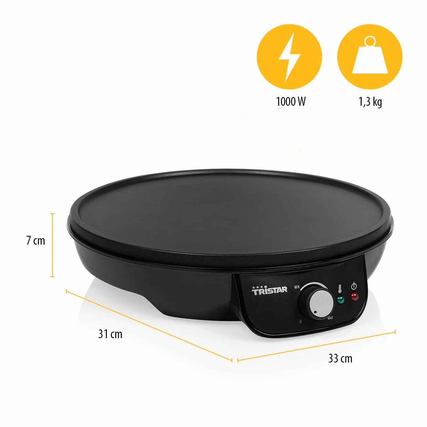 Tristar BP-2637 Crepera eléctrica, temperatura regulable, superficie antiadherente, 30 cm de diámetro, incluye espátula, 1000 W, Baquelita, Negro