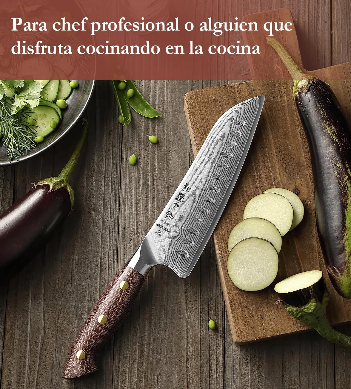HEZHEN Cuchillo Santoku con Funda de Madera, Cuchillo de Chef Estilo Japonés Cuchillo Gyuto, Hoja de Acero Damasco de Alto Carbono, Full Tang Mango de Micarta