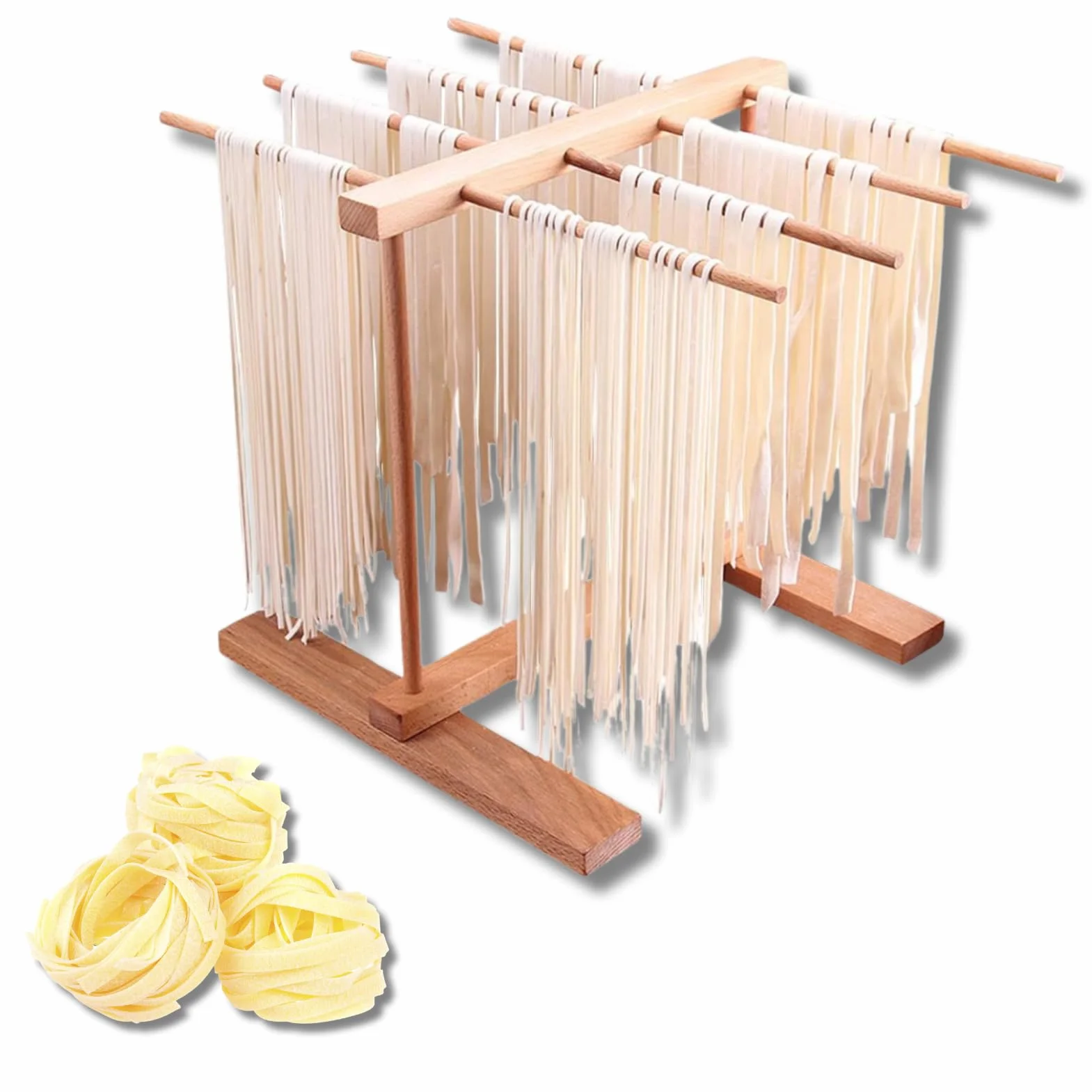 Secador de Pasta, Rejilla de Secado de Pasta de Madera Plegable Madera de Haya Natural, con Asas de 8 Barras Rejilla de Secadora Colgante de Espagueti, para Restaurante Hoga