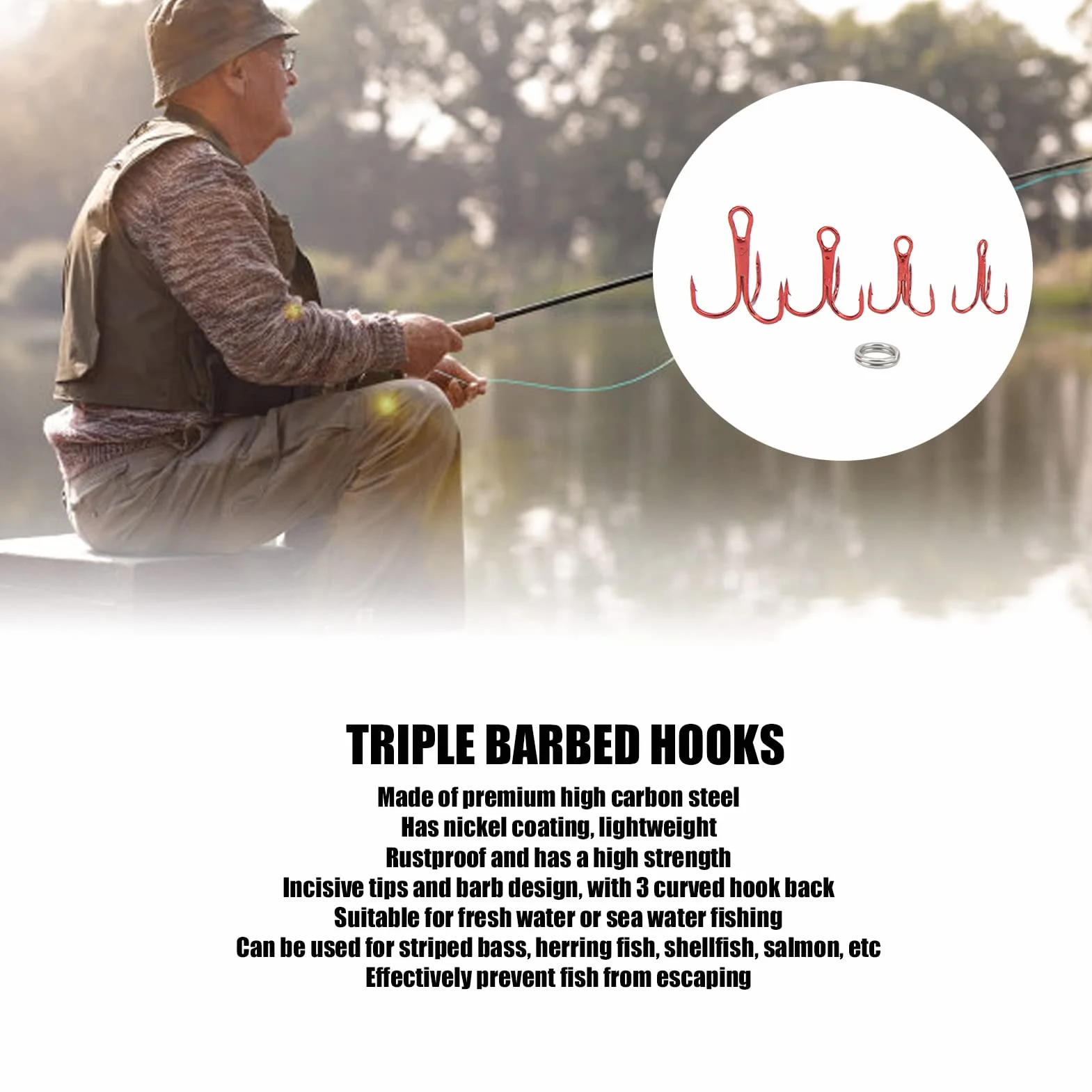 Anzuelos de Pesca Triples de Acero con Alto Contenido de Carbono, Doble Anillo, para Señuelos Cebo en Agua Salada, 100 Uds con Caja