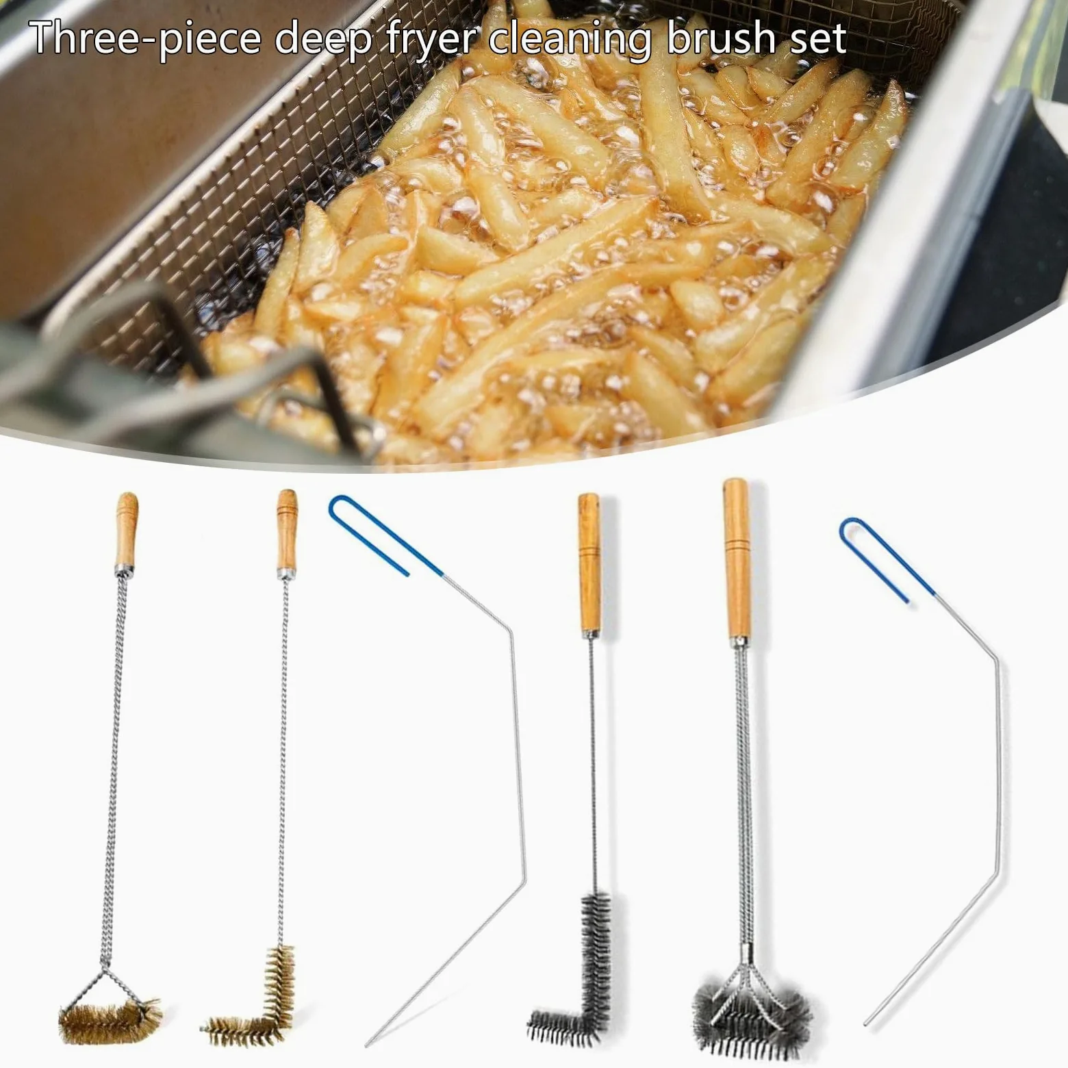3 herramientas de limpieza para freidoras, incluyendo cepillo limpiador de freidora, barra de freidora, mango largo, cepillo limpiador de cesta de freidora