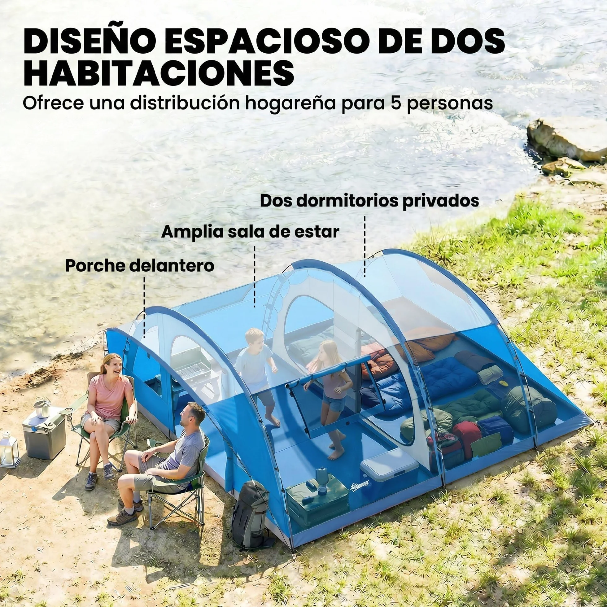 Outsunny Tienda de Campaña Familiar 5 Personas Tipo Túnel 3 Habitaciones Impermeable 3000 mm Azul
