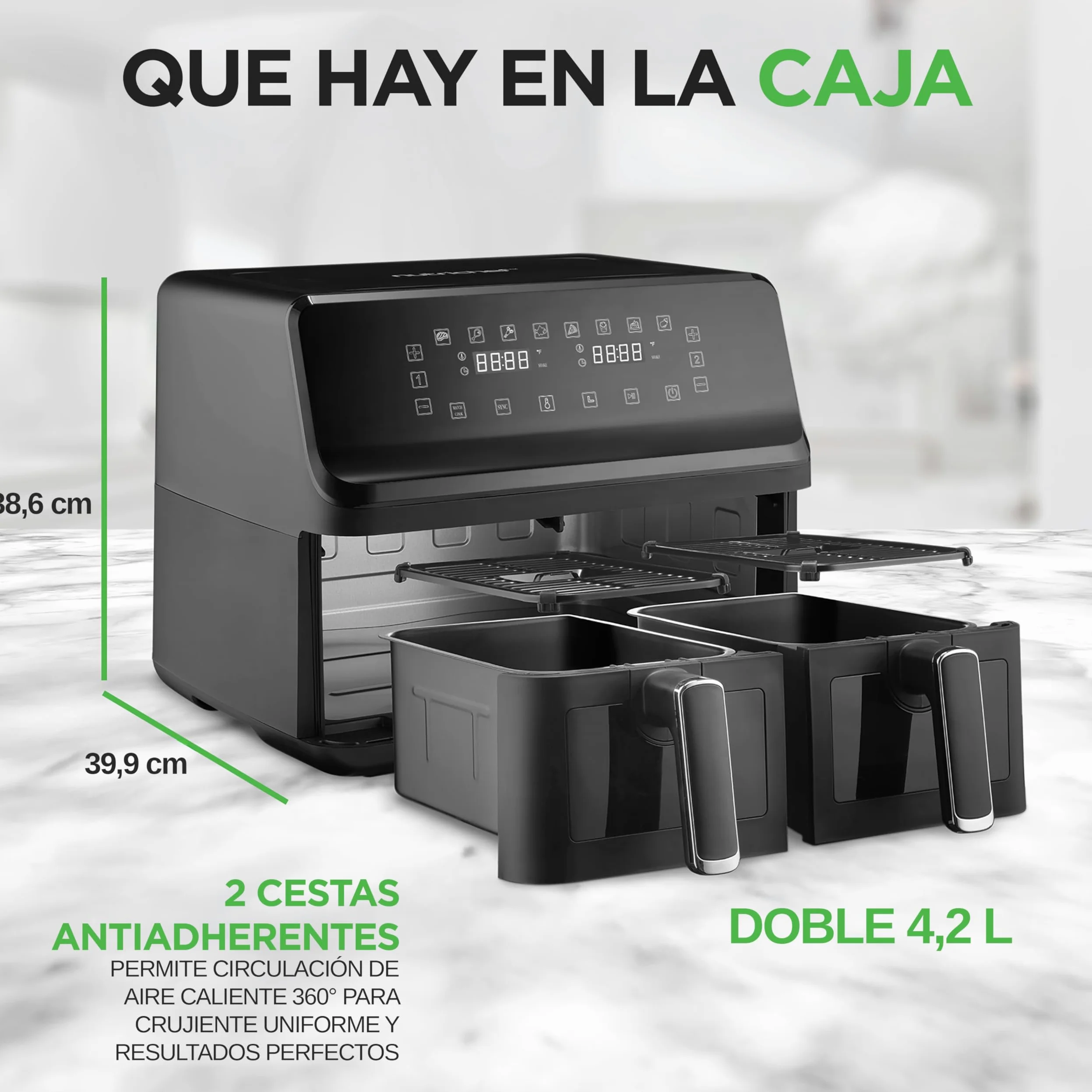 Nutrichef Freidora de Aire, 8.3L, Doble Canasta, Capacidad de 4.1L por Cesta, 9 Modos de Coccion Preestablecidos, Tamaño Familiar
