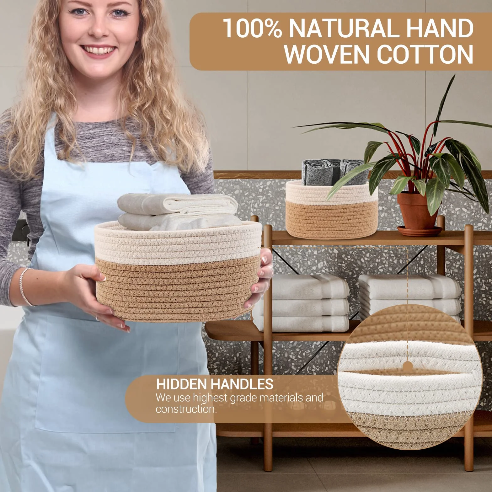 Lannvan Juego de 5 Cestas Almacenaje Tejidas con Cuerda de Algodón, Cestos Organizadores para Baño, Armarios y Cocina en Blanco y Yute