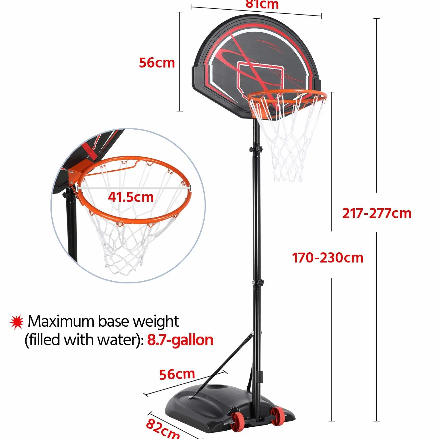Yaheetech Canasta de Baloncesto Exterior Ajustable 170-230cm Móvil con Ruedas para Adulto Niños