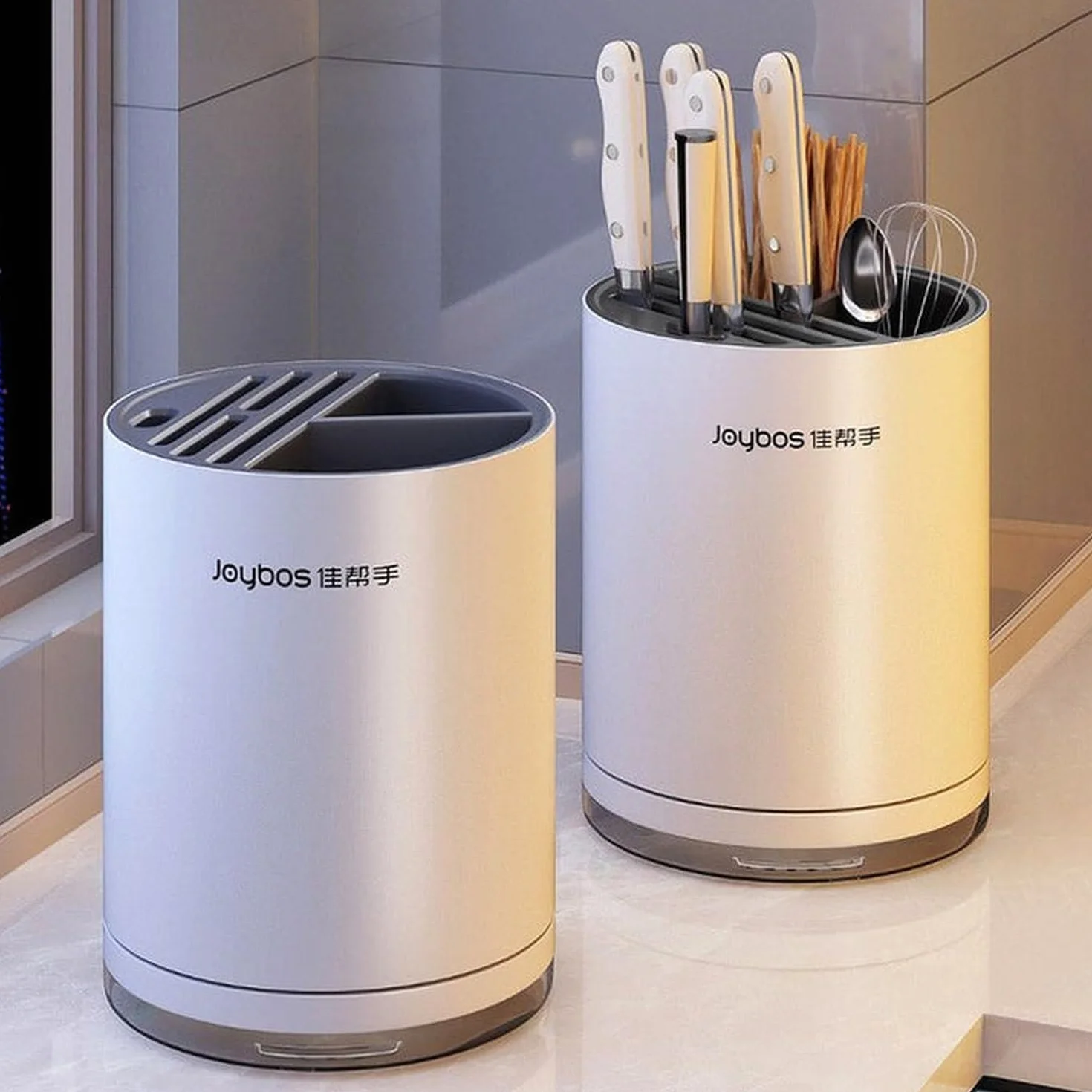 JOYBOS - Organizador de cuchillos redondo con ranura universal para cocina blanco