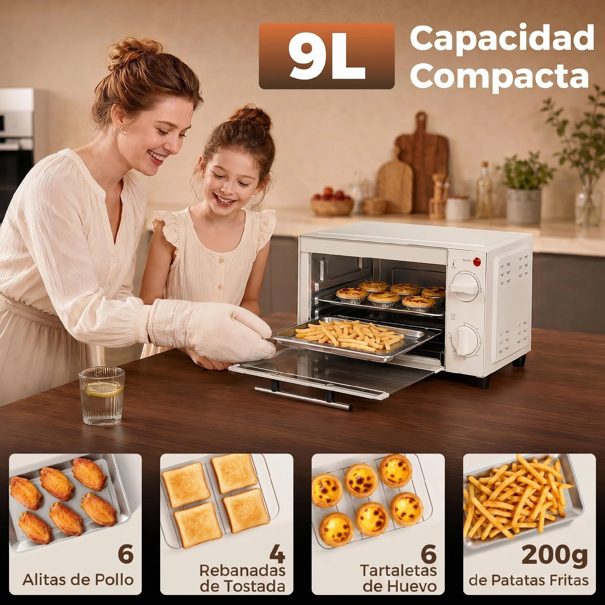 HOMCOM Horno Eléctrico de Sobremesa Horno Sobremesa de 9L 750W con Temperatura Ajustable hasta 230°C Temporizador 60min y Bandeja para Hornear Parrilla Crema