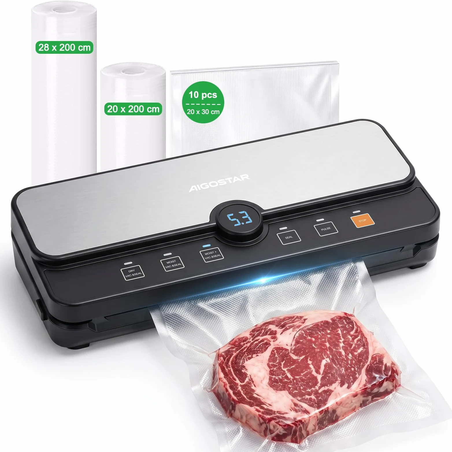 Aigostar Envasadora al Vacío, 9L/min, Pantalla Digital, Bandeja Extraíble | Envasadora al Vacío Doméstica con 6 Modos, Función Moist+, Cortador y Almacén de Rollos, Incluye 10 Bolsas y 2 Rollos