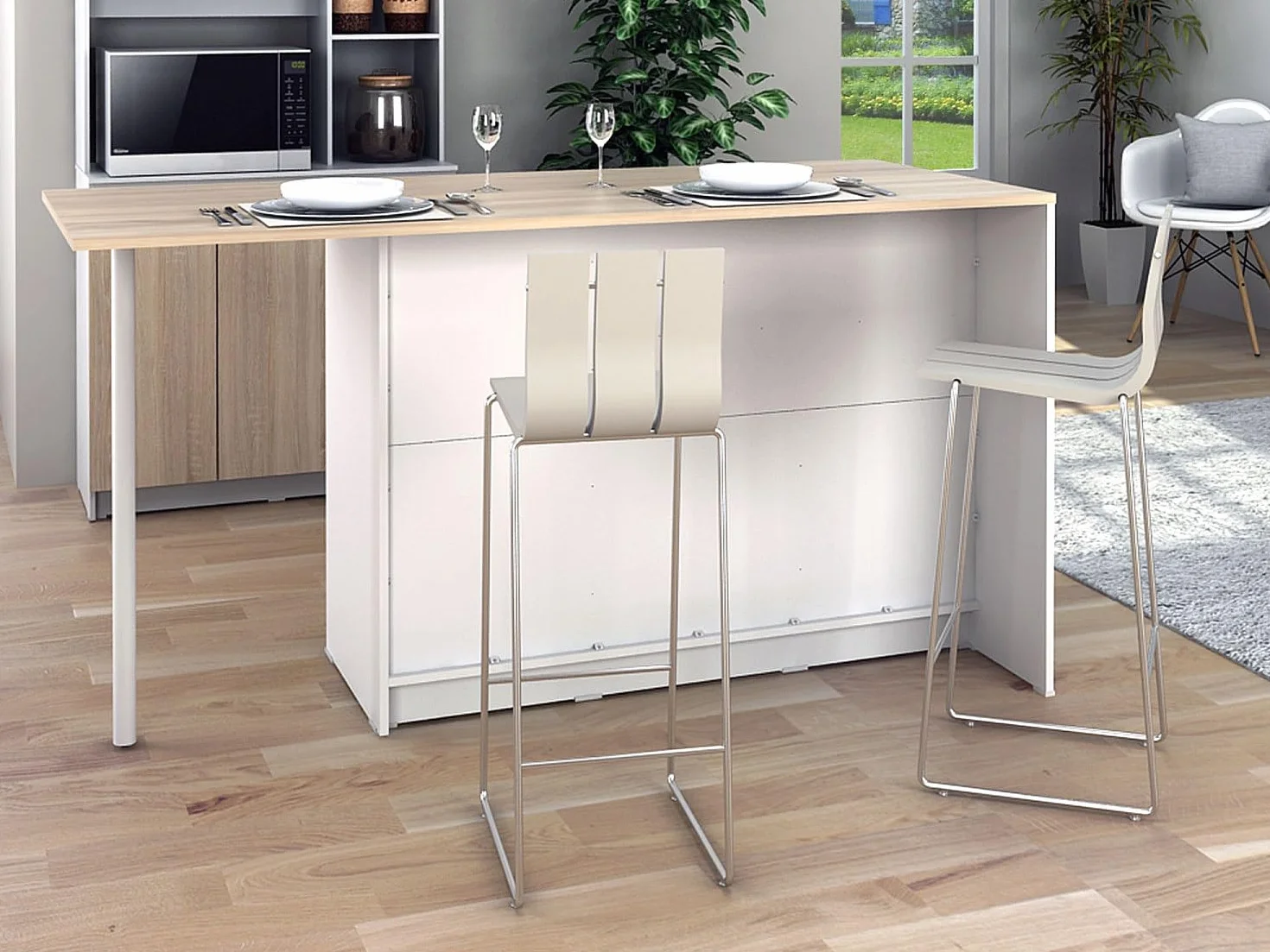 Venta-Unica - Isla Central de Cocina con 2 Puertas, 1 cajÛn y 2 estantes - Blanco y Natural Claro - TUNORI