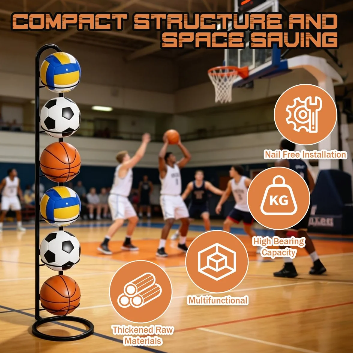 Soporte para Balones de Metal, Estante de Almacenamiento para Baloncesto, Fútbol y Voleibol
