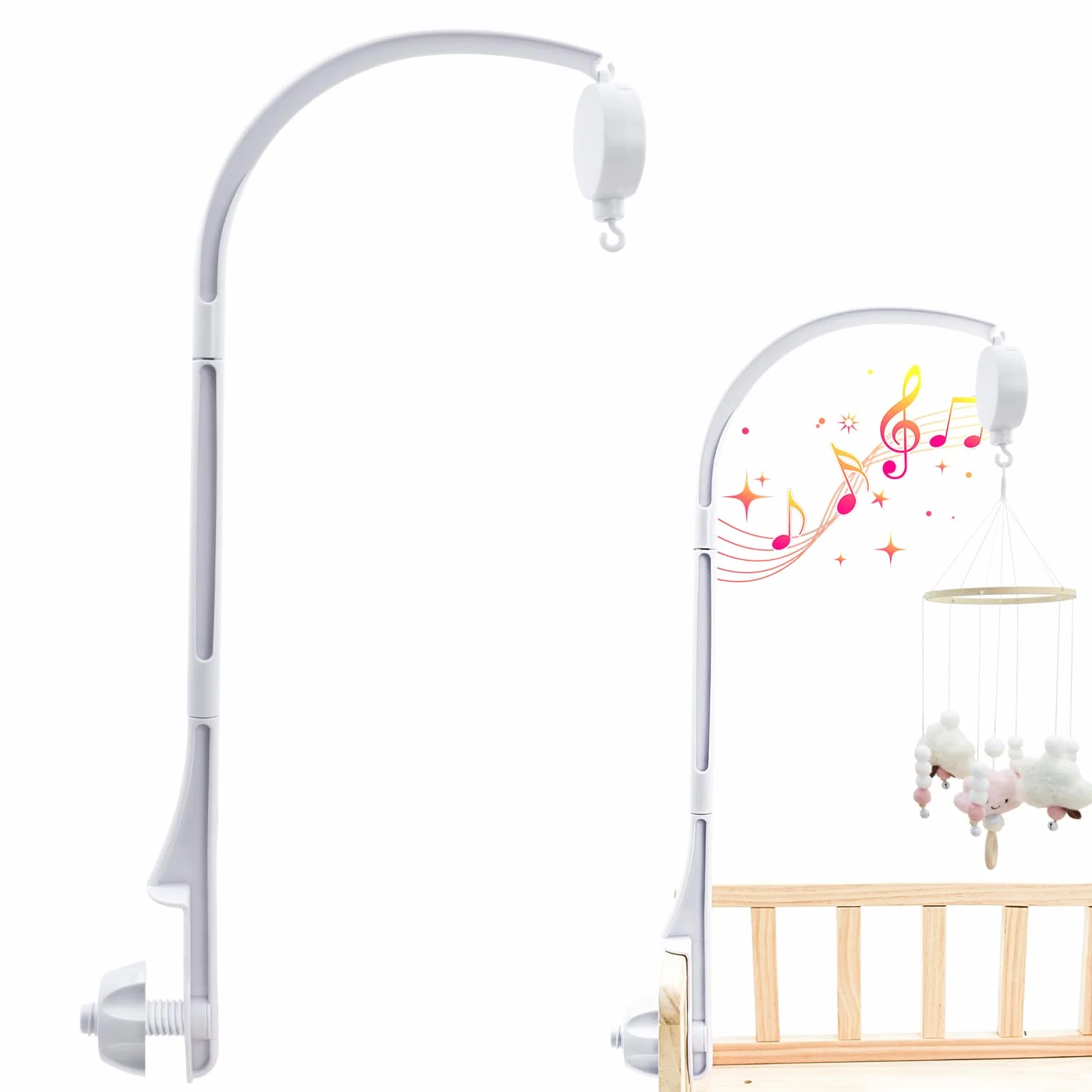 Movil Cuna Bebe, Bebé Móvil con Musica para Cuna, Soporte Ajustable DIY Infantil Juguetes de Decoración Caja de Música Soporte de Brazo, Móvil Bebé para Cuna para Bebé 0 a 24 Meses