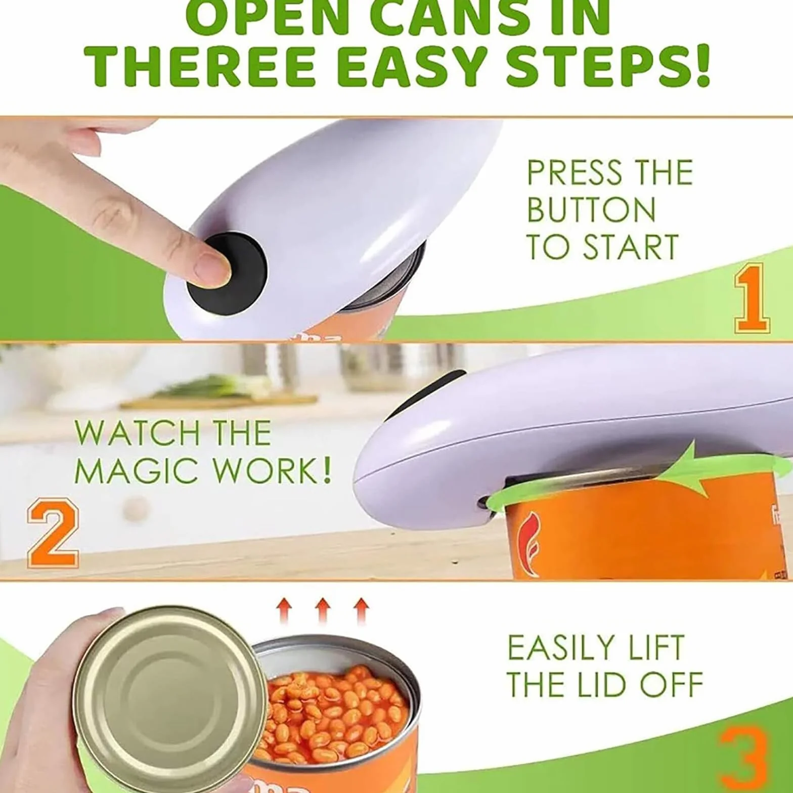 Abrelatas eléctrico de un solo toque, con borde liso, automático, apto para alimentos y funciona con pilas, regalo de cocina para artritis y personas mayores
