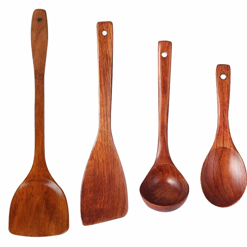 Juego de cucharas de cocina de madera, tenedores y cucharas de ensalada de mango largo, herramientas de cocina antiadherentes para cocinar y servir, usos ecológicos para chefs caseros