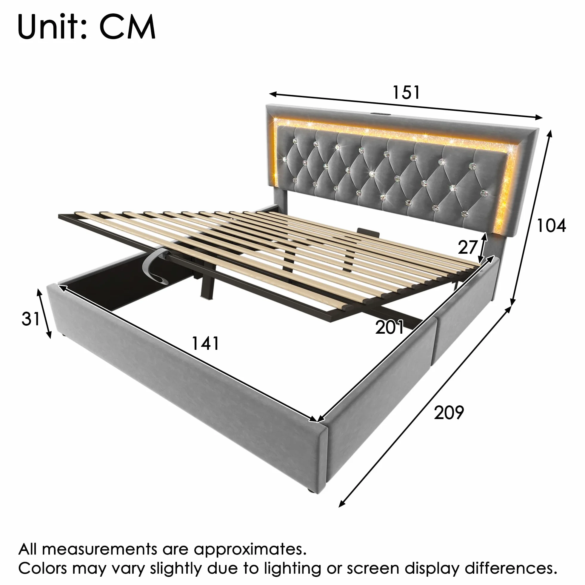 Cama Tapizada Matrimonio 140x200 cm con Cabecero LED y Carga USB, Camas Juveniles con Almacenaje Hidráulico, Camas Matrimoniales con Lamas de Madera, Terciopelo, Sin Colchón, Gris