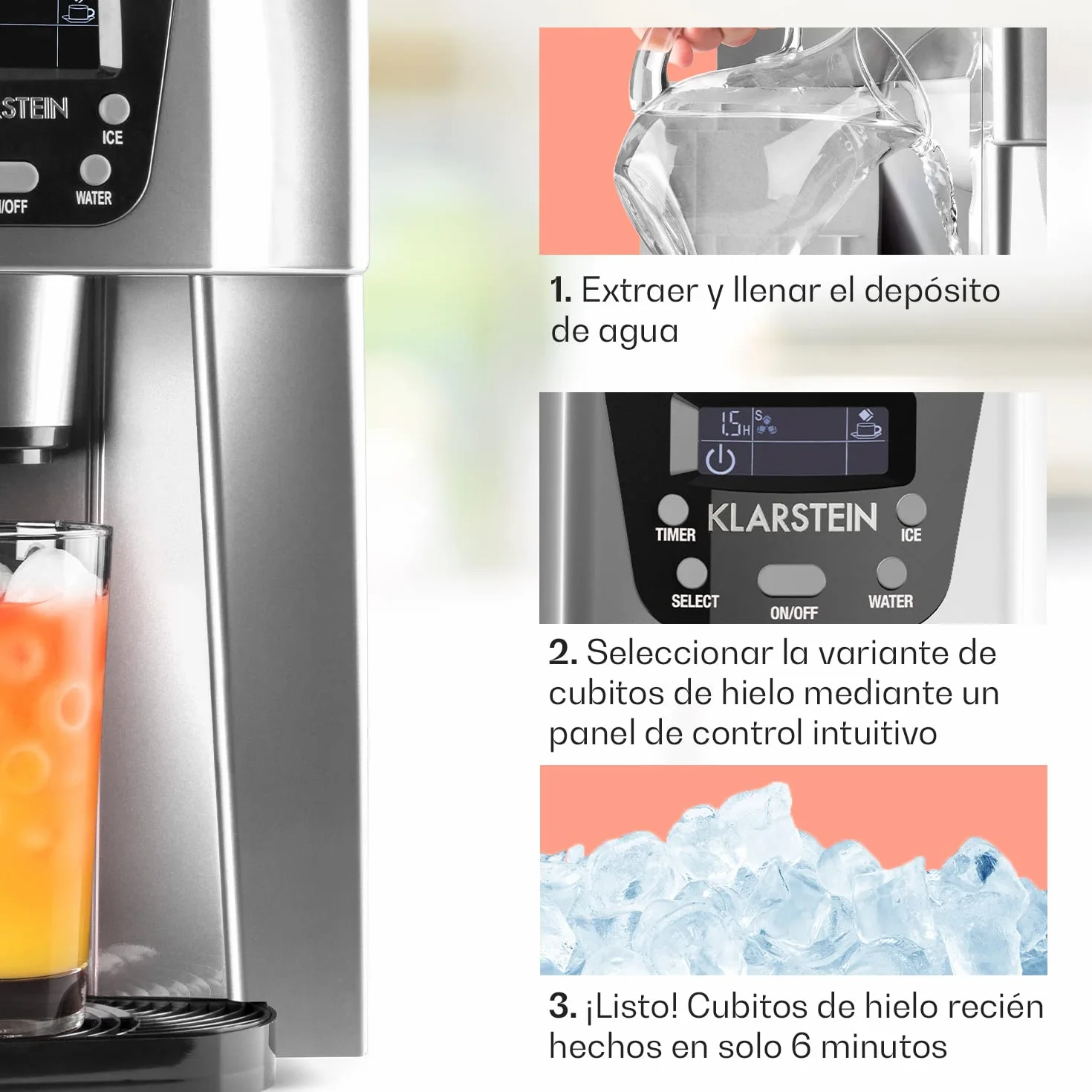 Klarstein Maquina de Hielo para Casa 2L, Ice Maker Encimera 12 kg, Maquina para Hacer Cubitos de Hielo Grandes para Casa con Panel Táctil y Sistema Auto Limpieza, Función Extra Rápida