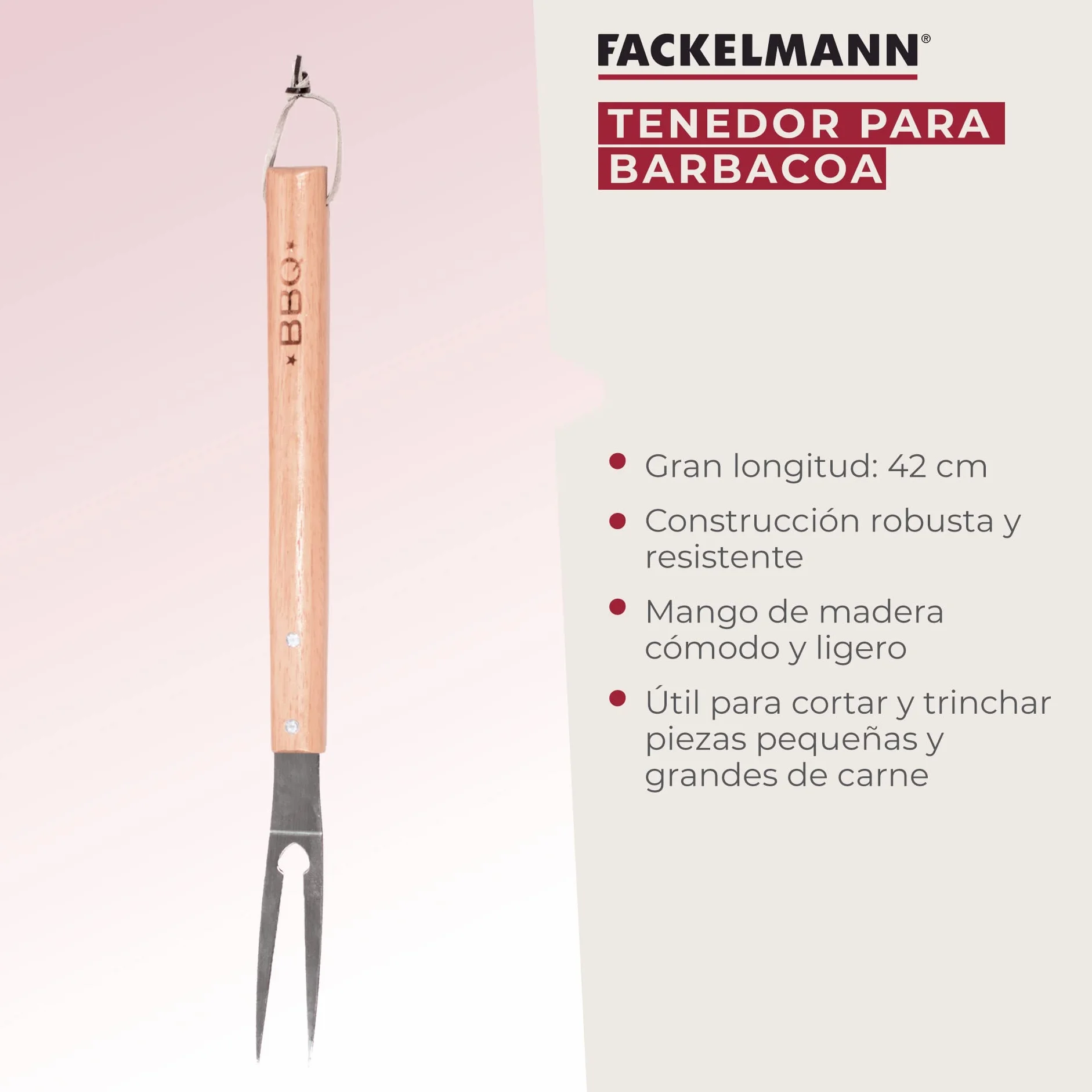 Fackelmann Tenedor de Barbacoa, Parte funcional en Acero Inoxidable y Mango de Madera, adecuado para Asar, Hornear y Trinchar Carne, 42 cm de largo, 1 ud