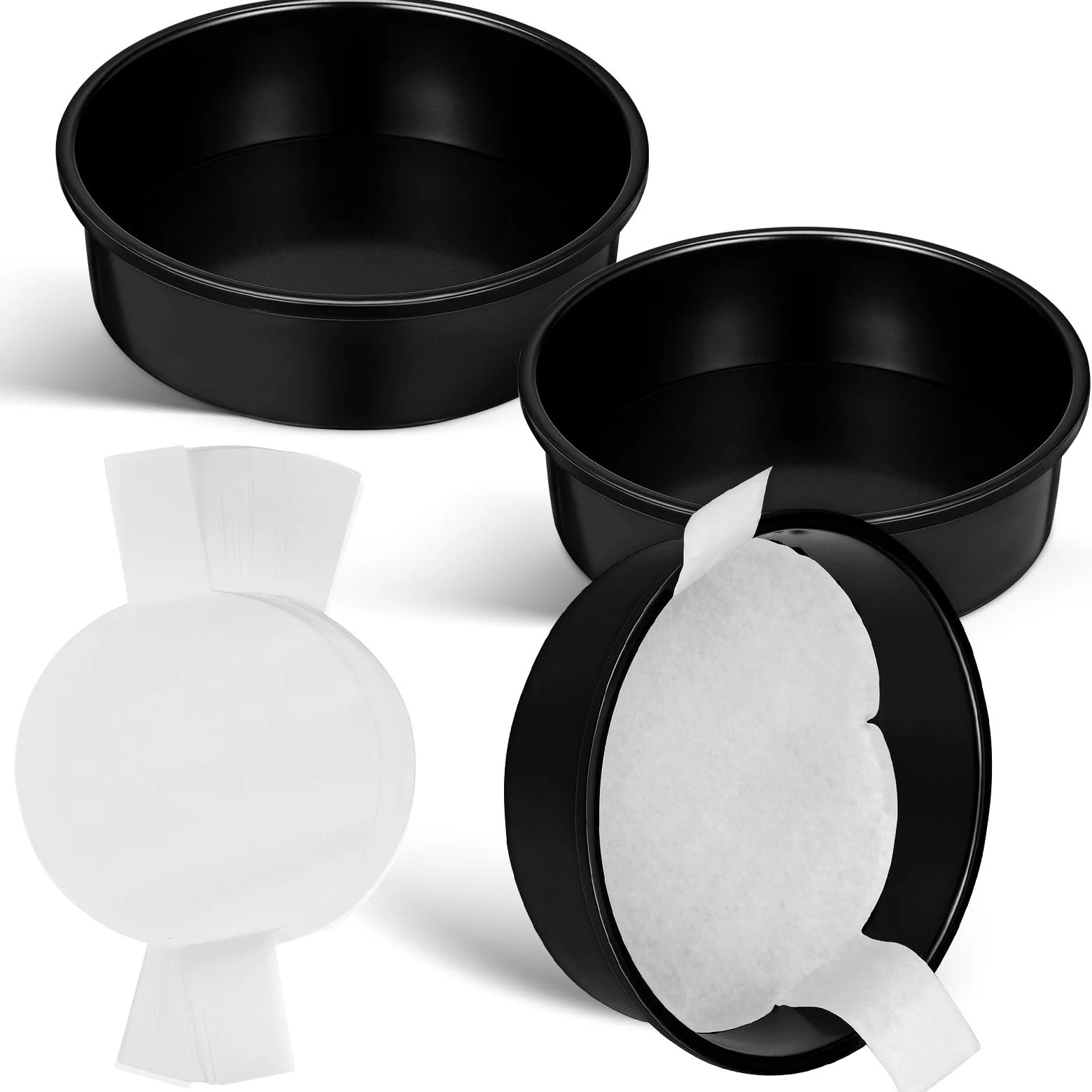 ibasenice 3 Piezas Molde para Pastel Redondo, Molde Redondo para Pastel 8 Pulgadas Negro, Acero al Carbono, Antiadherente, Fácil Mantenimiento, 100 Hojas de Papel Pergamino, para Hornear