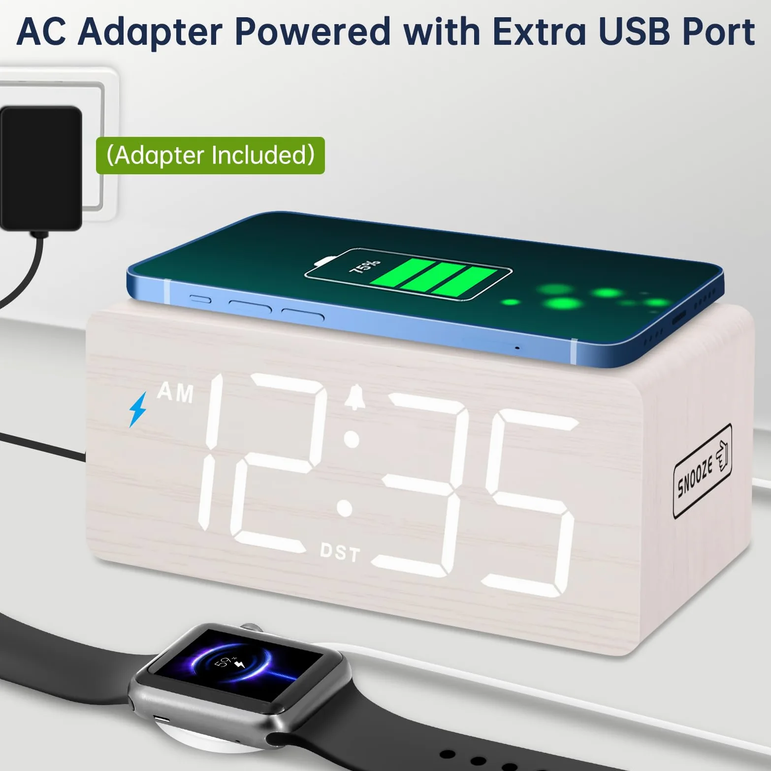 DreamSky Reloj despertador digital de madera con carga inalámbrica, mesita de noche con estación de carga, conexión USB, números grandes, volumen ajustable, atenuador de brillo, DST