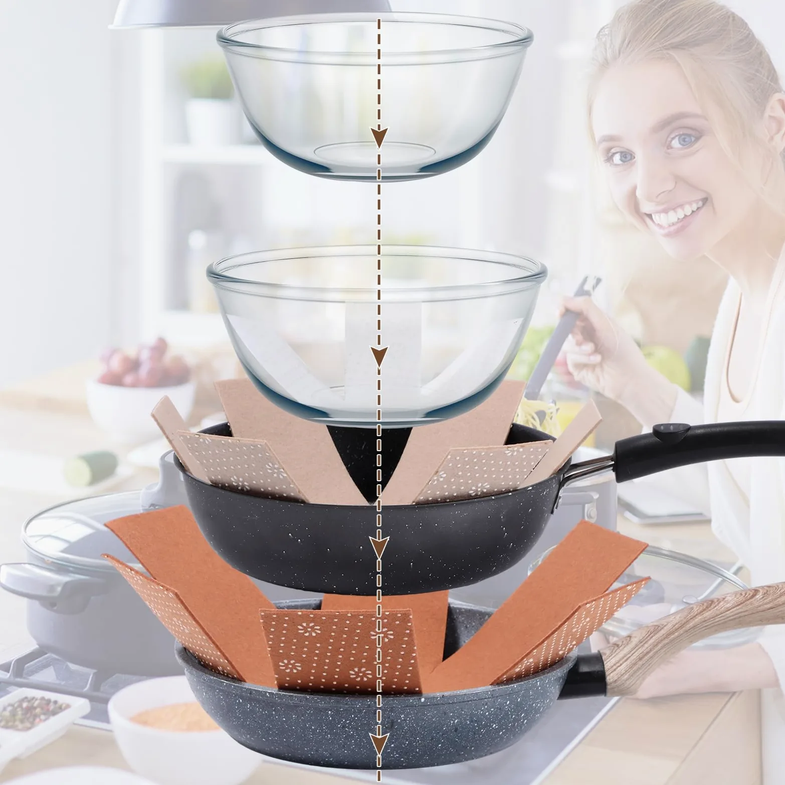 Queekay 24 protectores para ollas y sartenes, 6 tamaños diferentes para apilar, separadores de ollas y sartenes de fieltro, separadores de almohadillas separadoras, evita arañazos en los utensilios de