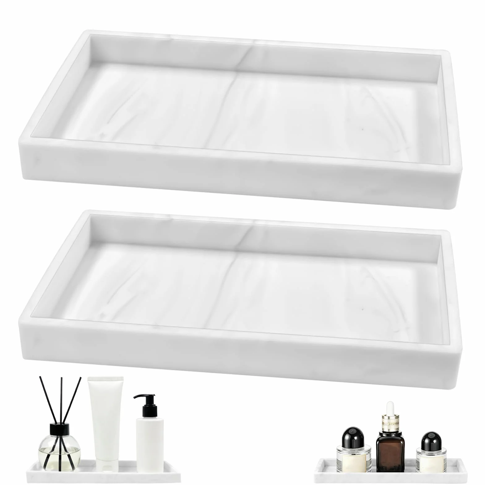 2 Bandejas para Baño,Bandeja Decorativa de Silicona Vetas de Mármol Blanco,Organizador Perfumes de 20 x 10 cm,Aptas para Baños,Cocinas,Tocadores y Decoración del Hogar