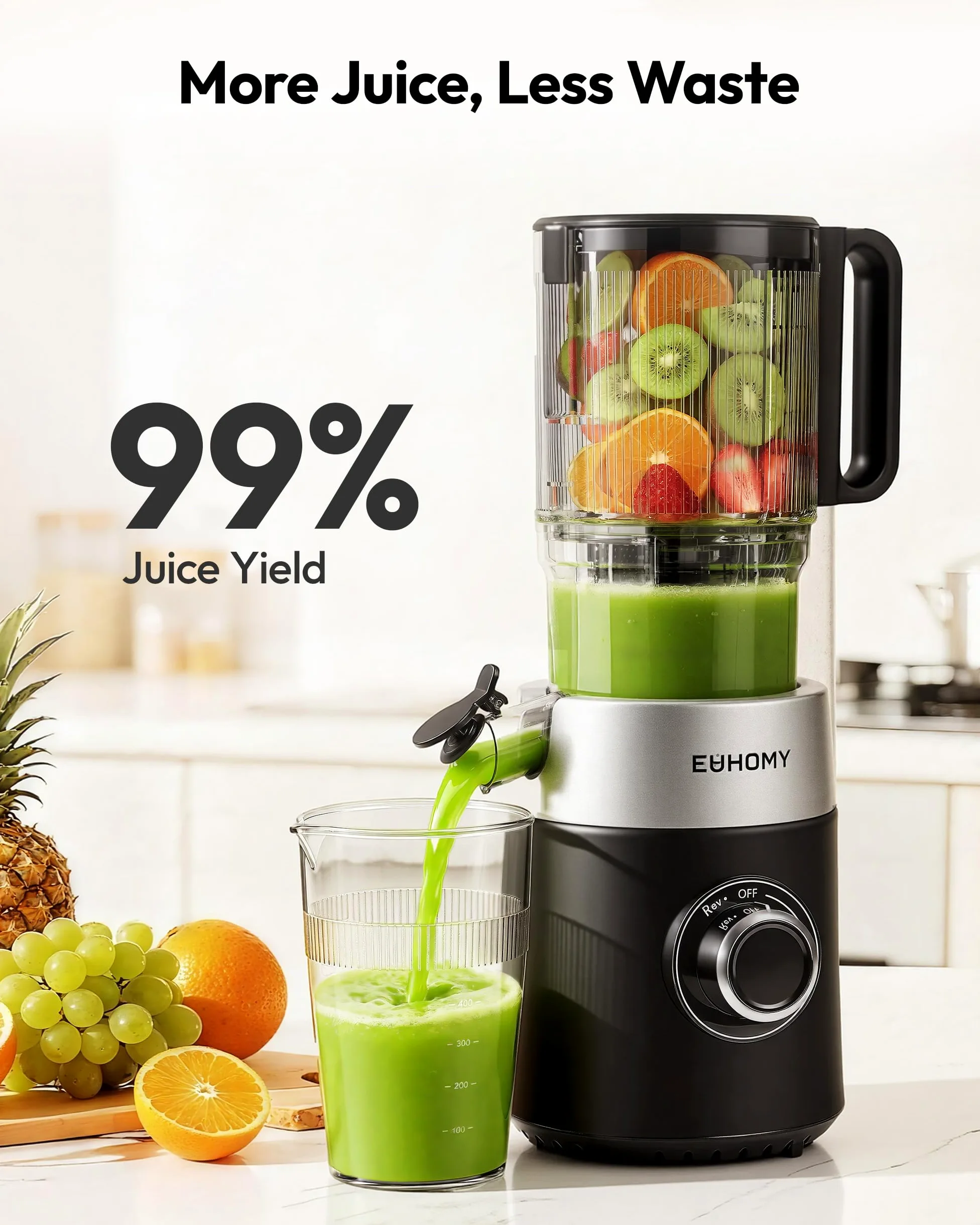 EUHOMY Máquinas de prensado en frío, línea de suministro de 135 mm y 1,8 l para frutas y verduras enteras, libera tus manos, prensa de masticación lenta de 220 W con taladro: