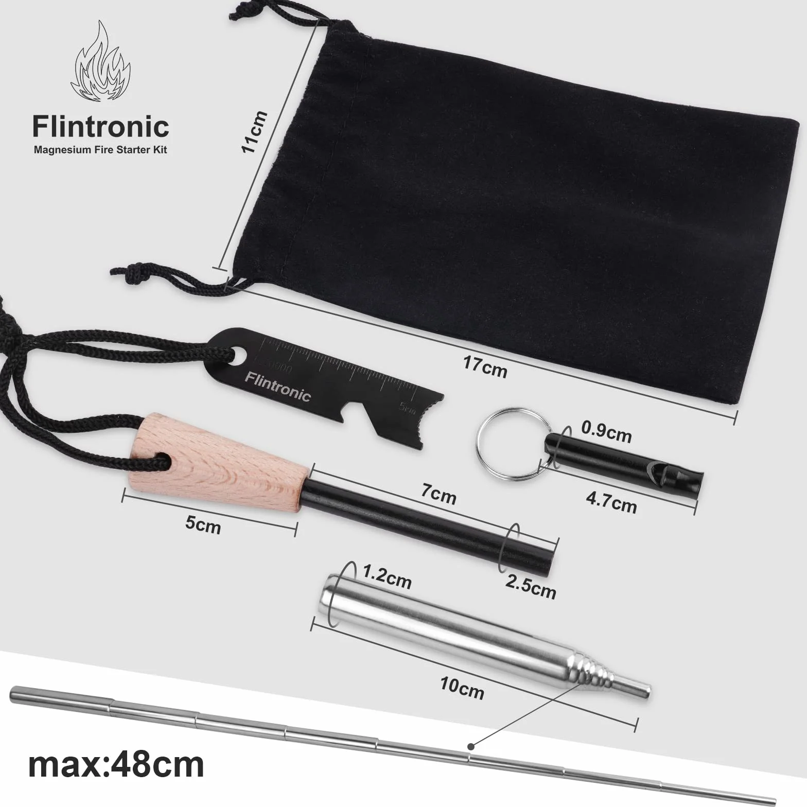 Flintronic Pedernal para Fuego Kits Encendedor Supervivencia de Acero Resistente al Agua con Silbato y Raspador