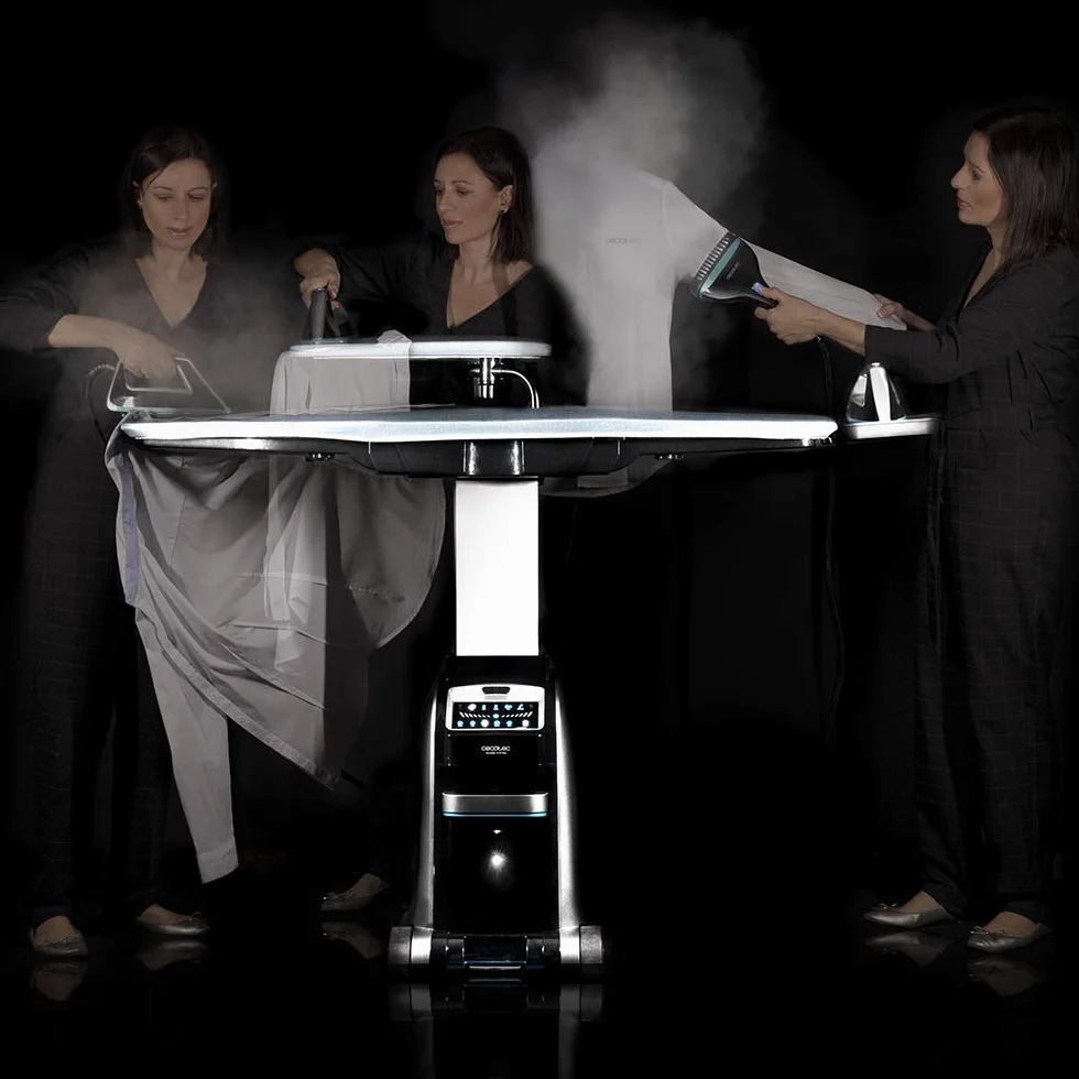 Cecotec Centro de Planchado Inteligente Total Iron 10100 Pro. 2200 W, 4 en 1: Plancha Vertical y Horizontal, Succión e Inflado, 5 Programas para 5 Tejidos, 220 g/min y 5 Bares