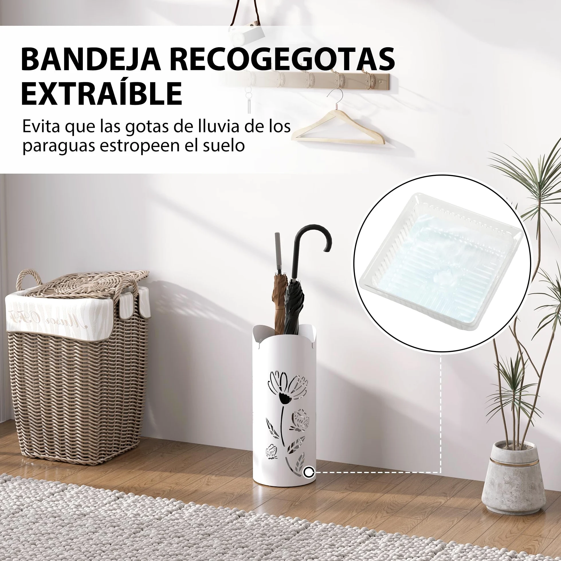 HOMCOM Paragüero de Acero Soporte de Paraguas con 4 Ganchos y Bandeja de Goteo Extraíble Paragüero Blanco para Entrada Oficina 17x17x41 cm
