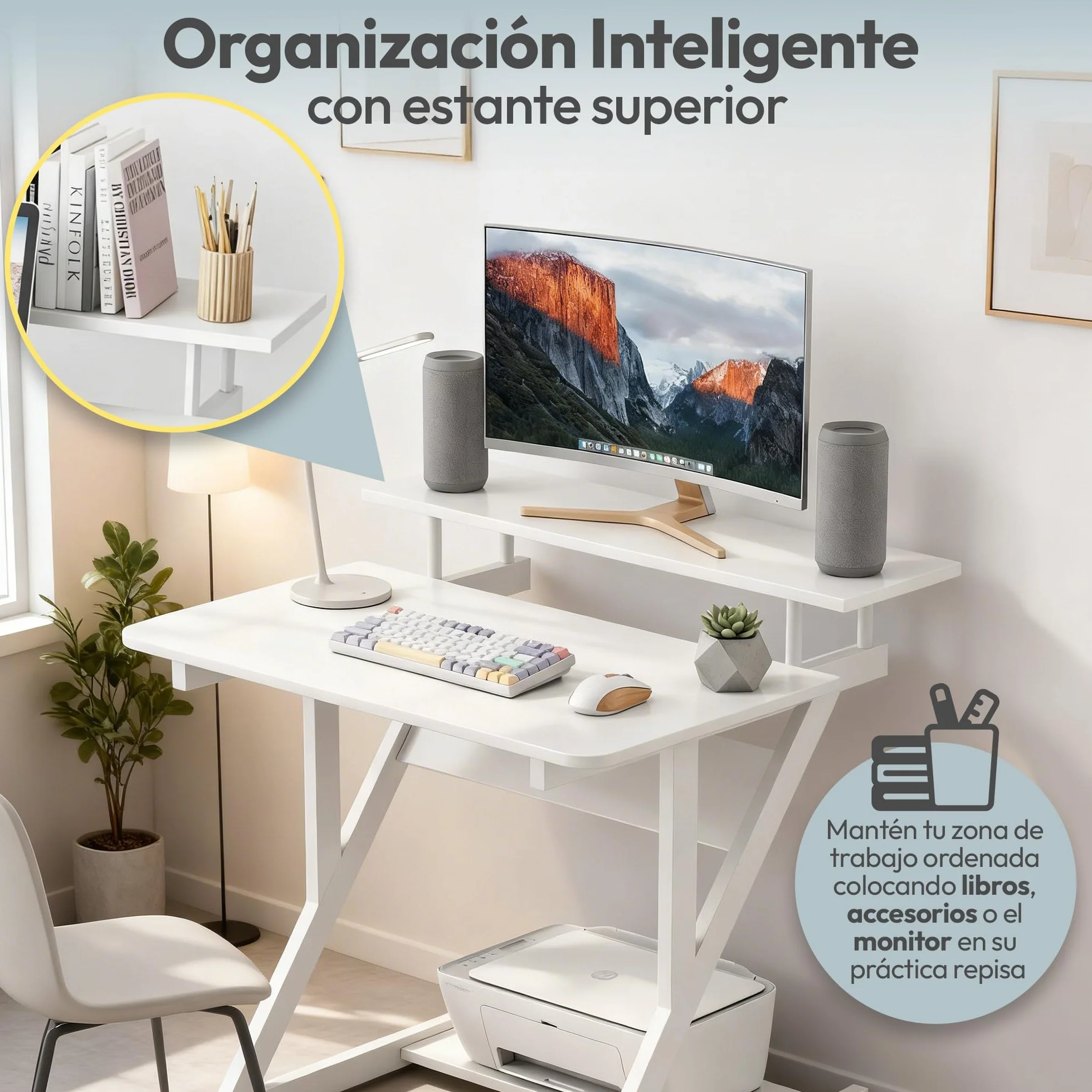 Escritorio Pequeño con Estante Superior 70 x 40 cm, Mesa Escritorio Blanca o Roble para Ordenador, Mesa de Trabajo Compacta para Estudio, Oficina y Habitación (Blanco)