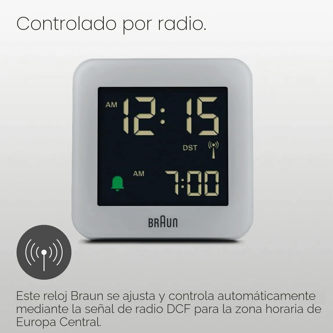 Braun Reloj Despertador Digital radiocontrol para el Huso horario de Europa Central (DCF) con botón de repetición, Pantalla LCD, Ajuste rápido, Alarma en Crescendo, Gris, Modelo BC09G-DCF
