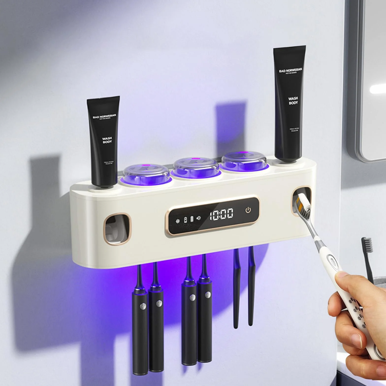 Wekity - Soporte para cepillos de dientes para baños, dispensador automático de pasta de dientes que ahorra espacio, soporte para cepillo de dientes y pasta de dientes, soporte para cepillo de dientes