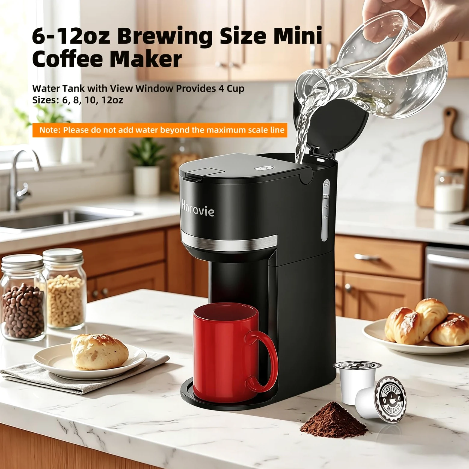 Horavie Mini cafetera de una sola porción para taza K y café molido, máquina de café de una taza de cerveza rápida con recordatorio de descalcificación y ventana de agua, 6 a 12 onzas, tamaños de