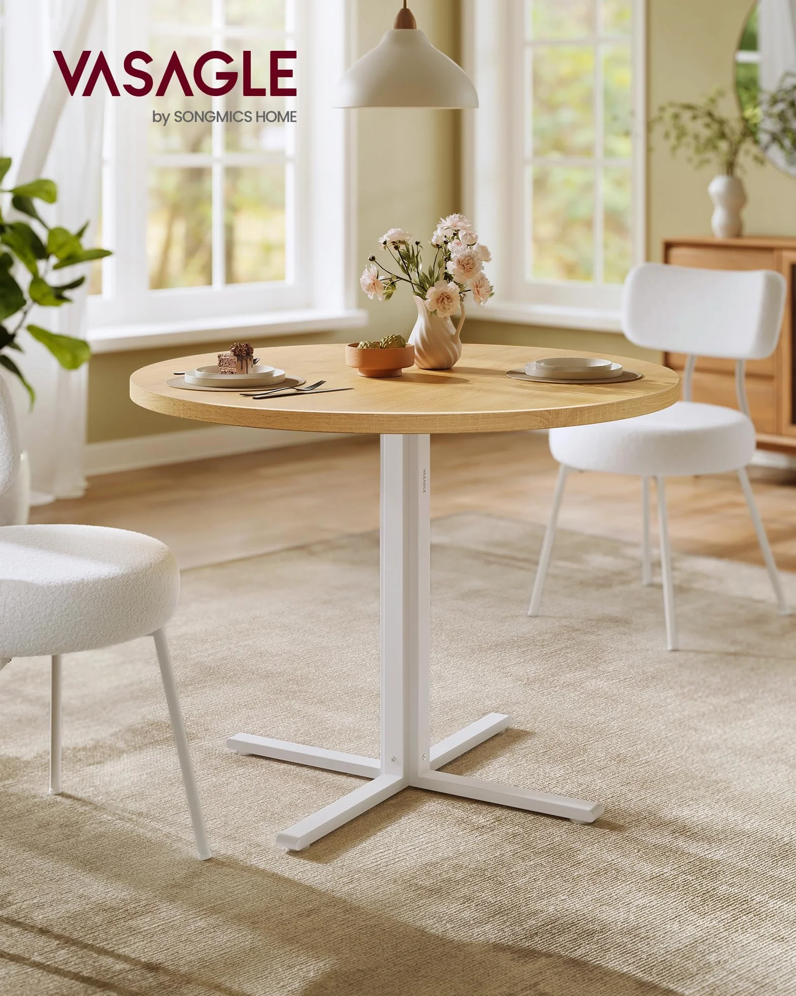 VASAGLE Mesa de Comedor Redonda, Mesa de Cocina Pequeña para 4 Personas, Estilo Rústico, Superficie Resistente al Agua, Diámetro de 80 cm, Alto de 74,8 cm, para Salón, Roble Dorado KDT082Y02